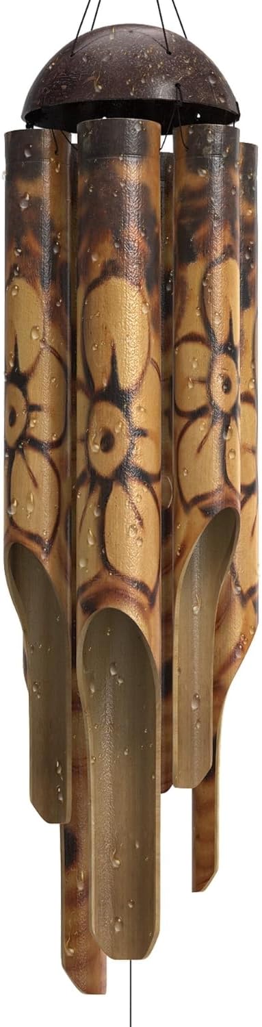 Rustic Bamboo Wind Chimes - Outside Outdoor Wooden Windchimes, Medium, Floral Burned Design with Coconut Crown, Handcrafted with Calming Deep Tones, Home Decor Ideal Gift for Him & Her