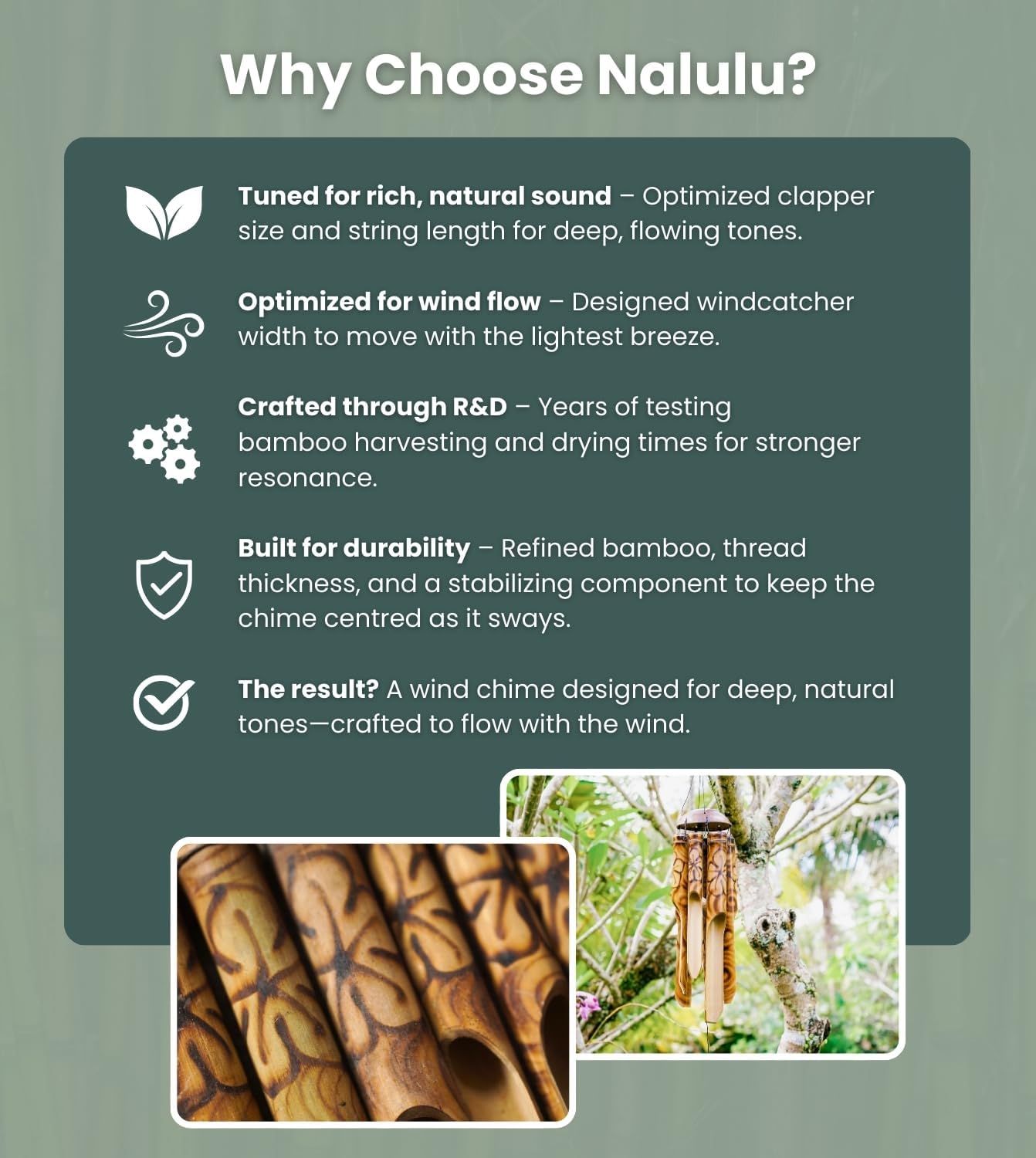 Rustic Bamboo Wind Chimes - Outside Outdoor Wooden Windchimes, Medium, Floral Burned Design with Coconut Crown, Handcrafted with Calming Deep Tones, Home Decor Ideal Gift for Him & Her