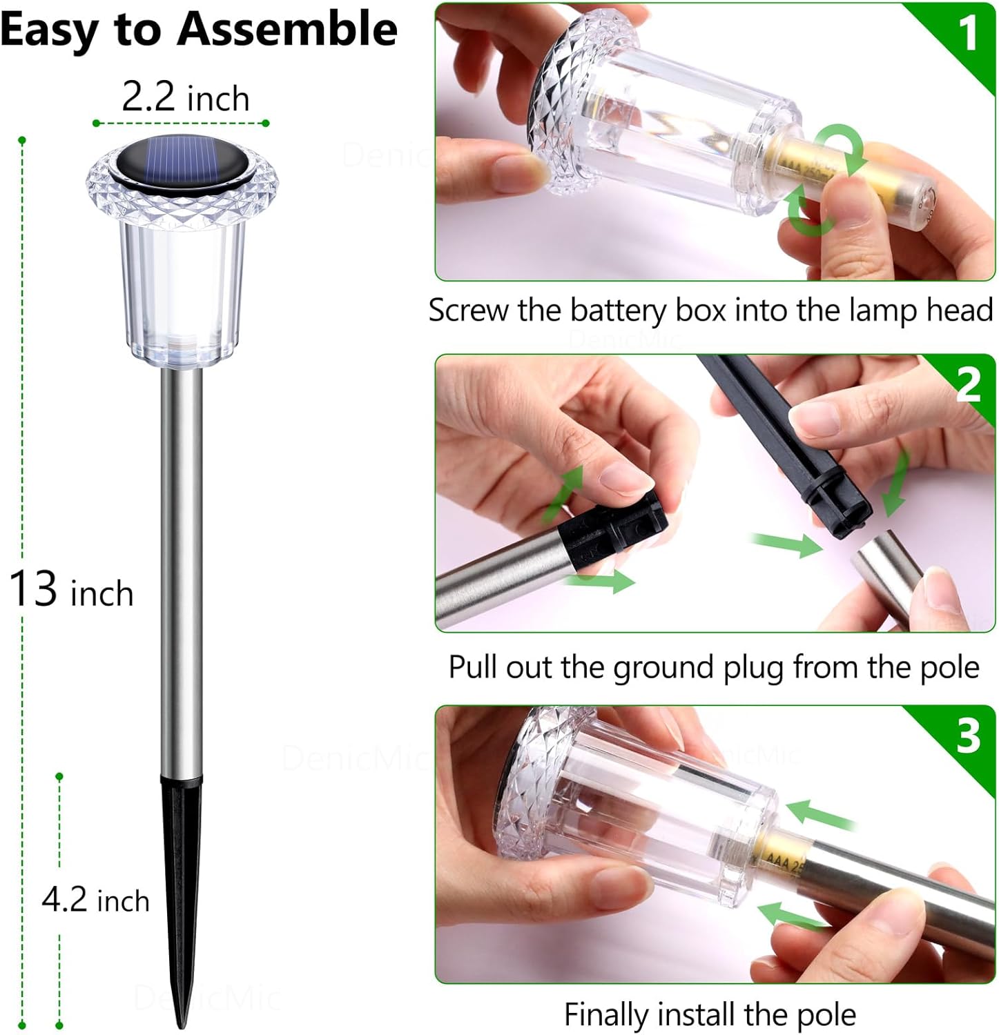 DenicMic Solar Lights Outdoor 15 Pack Waterproof 6000K Cold White LED Stainless Steel Stake Outside Lights for Yard Pathway Garden Driveway Walkway Landscape Path Lighting