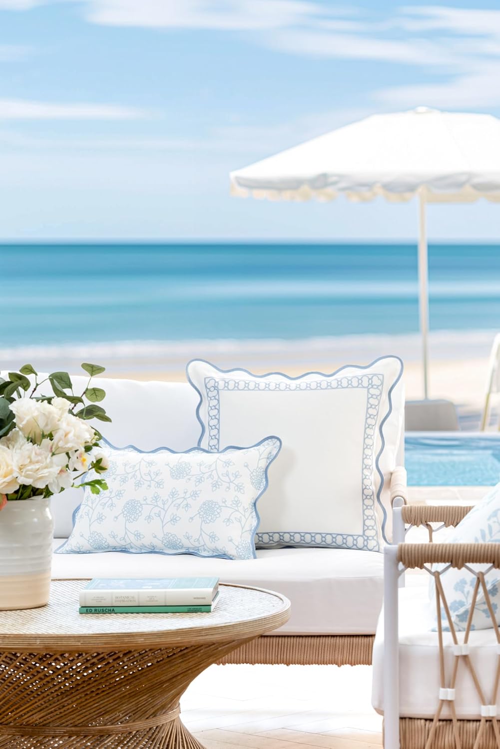 Hofdeco Premium Coastal Patio Indoor Outdoor Scalloped Throw Pillow Cover Only, 20"x20" Water Repellent for Backyard, Couch, Baby Blue Embroidered Begonia Pattern Chain Frame