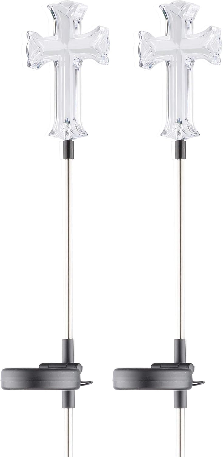 Alpine Corporation 34" Tall Outdoor Solar Powered Cross Pathway Light Stakes (Set of 2)