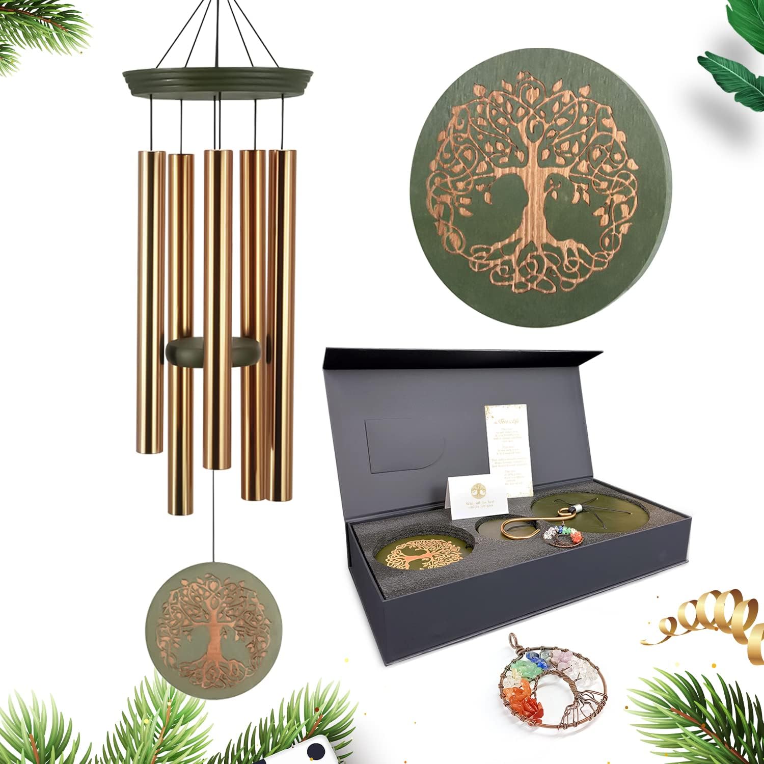 Wind Chimes for Outside,Outdoor Wind Chimes for Mother & Grandma - Large Garden Hanging Decor with Tree of Life Engraving, Perfect for Yard, Home, Christmas, Birthdays