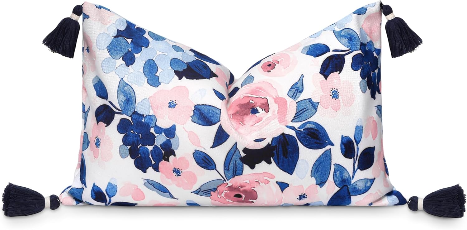 Hofdeco Premium Coastal Patio Indoor Outdoor Throw Pillow Cover Only, 20"x20" Water Repellent for Backyard, Couch, Navy Blue Embroidered Line Frame