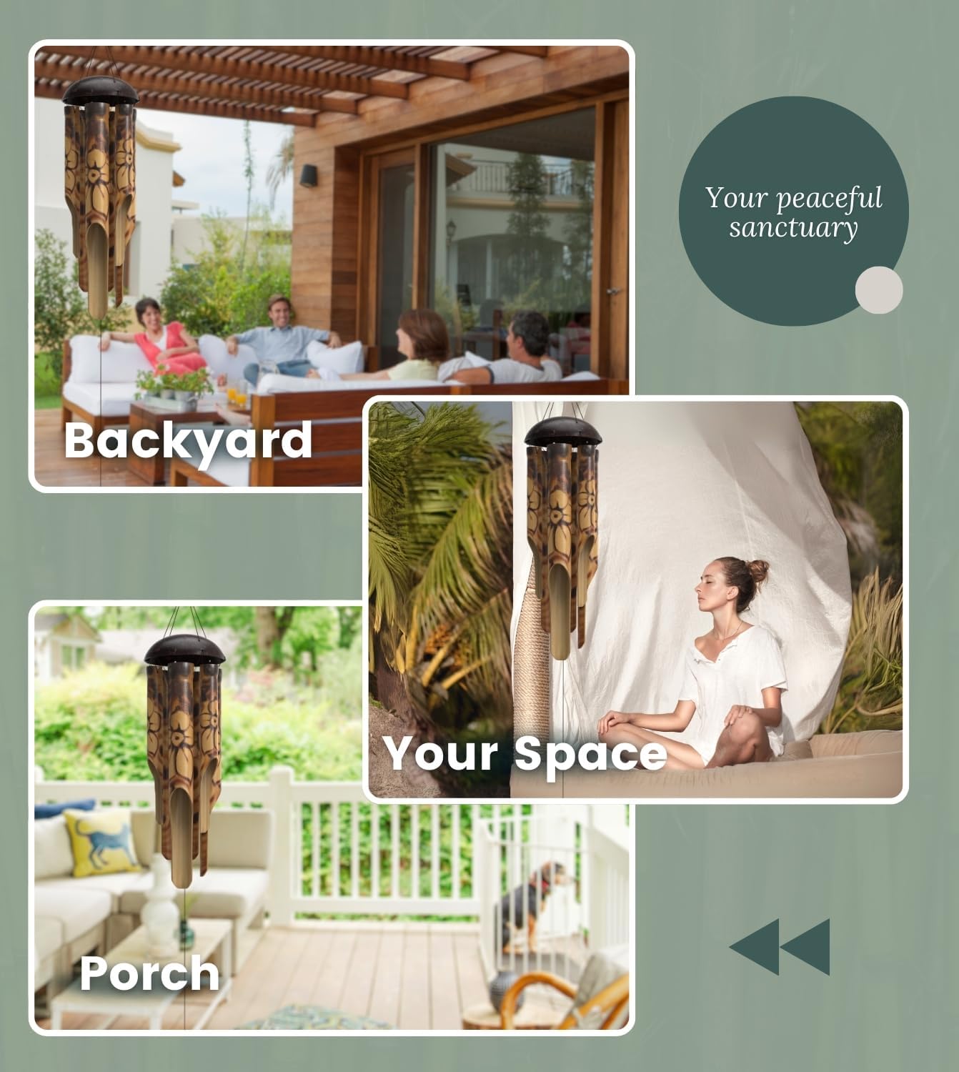 Rustic Bamboo Wind Chimes - Outside Outdoor Wooden Windchimes, Medium, Floral Burned Design with Coconut Crown, Handcrafted with Calming Deep Tones, Home Decor Ideal Gift for Him & Her