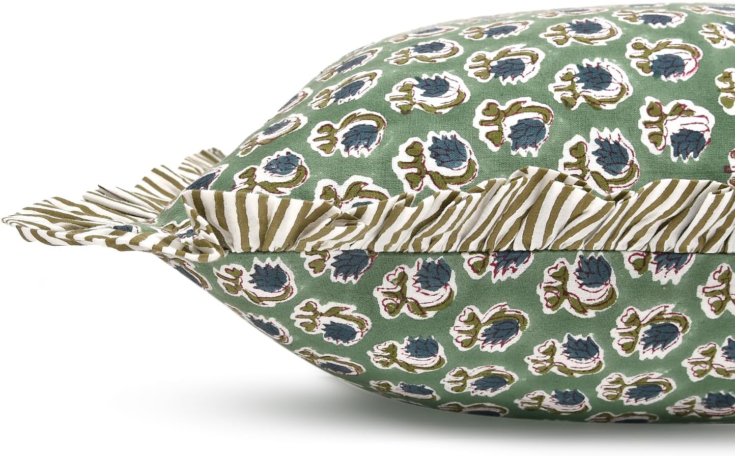 Ridhi Block Print Basil Green Throw Pillow Cover 18" x 18" (Pack of 2) Decorative Cushion Covers with Ruffle for Couch, Sofa, Bed, Living Room, Home Decor Gift for Spring, Easter, Valentine