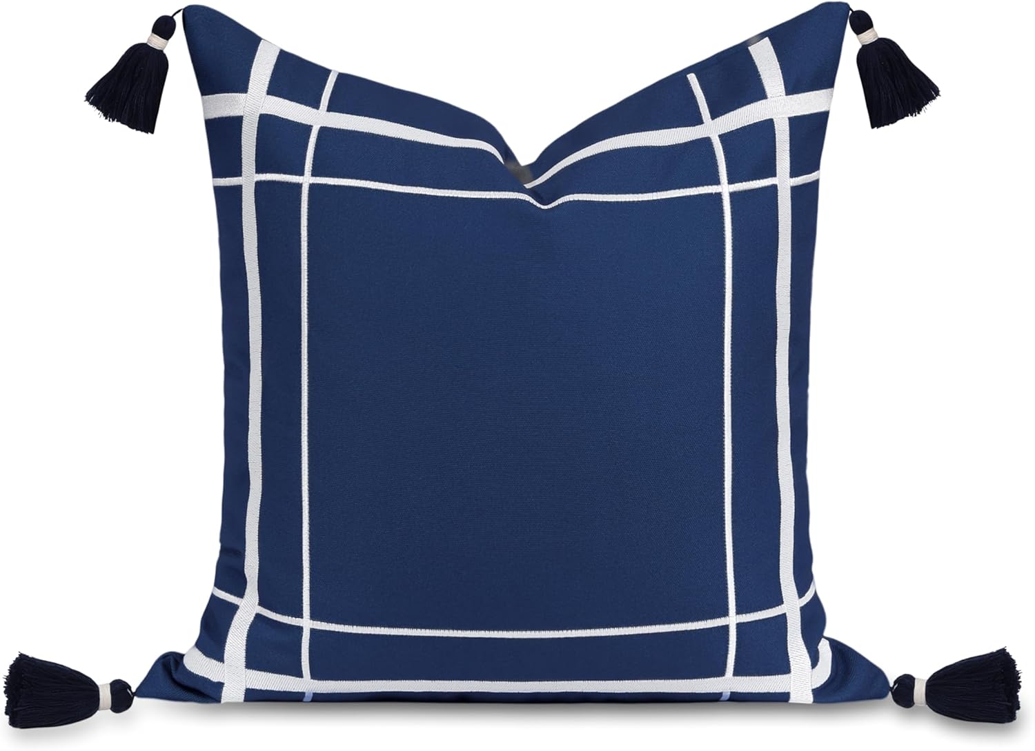 Hofdeco Premium Coastal Patio Indoor Outdoor Throw Pillow Cover Only, 20"x20" Water Repellent for Backyard, Couch, Navy Blue Embroidered Line Frame