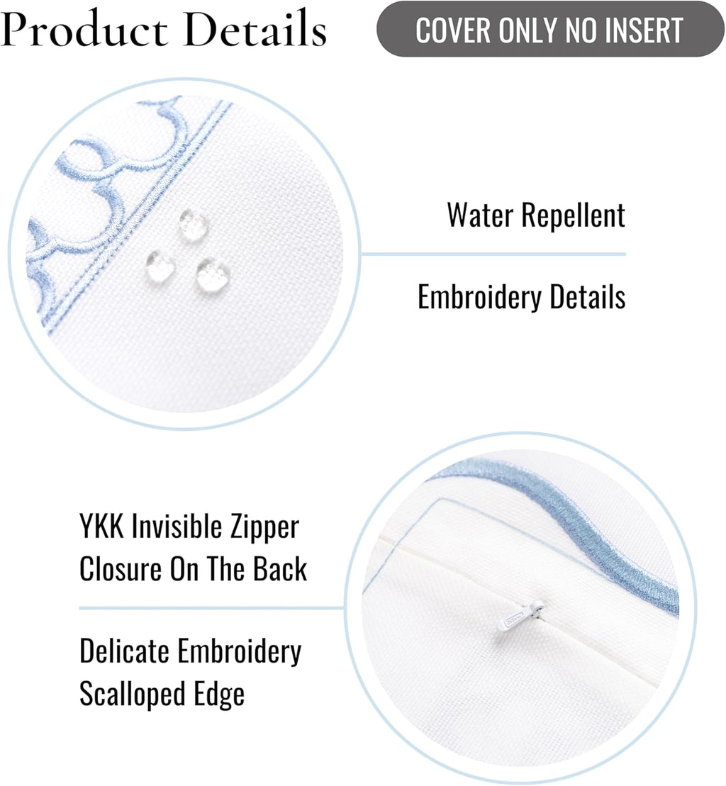 Hofdeco Premium Coastal Patio Indoor Outdoor Scalloped Throw Pillow Cover Only, 20"x20" Water Repellent for Backyard, Couch, Baby Blue Embroidered Begonia Pattern Chain Frame