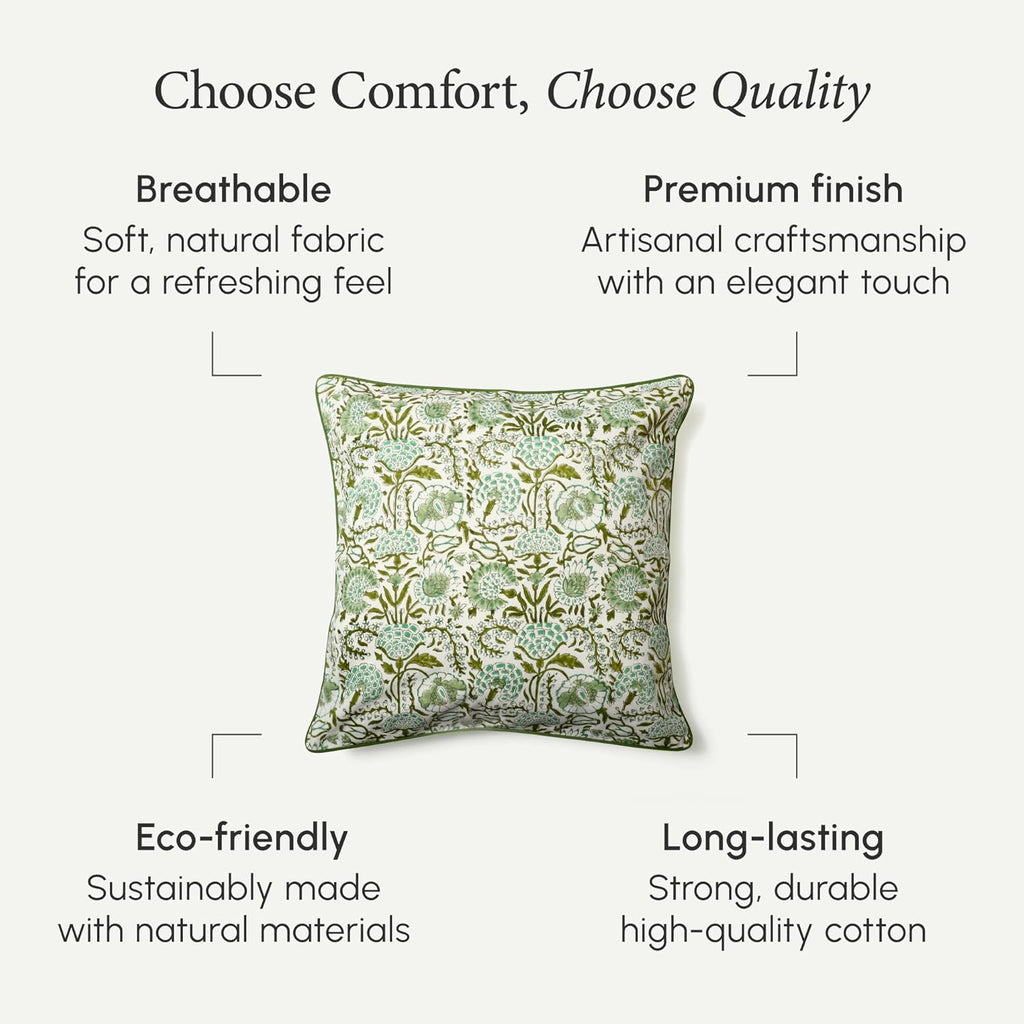 CPC 100% Cotton Throw Pillow Covers 20x20 Inch, Set of 2 Green Block Print Pattern Couch Pillow, Cute Boho Decorative Pillows for Living Room, Bedroom with Hidden Zipper- Agate Green
