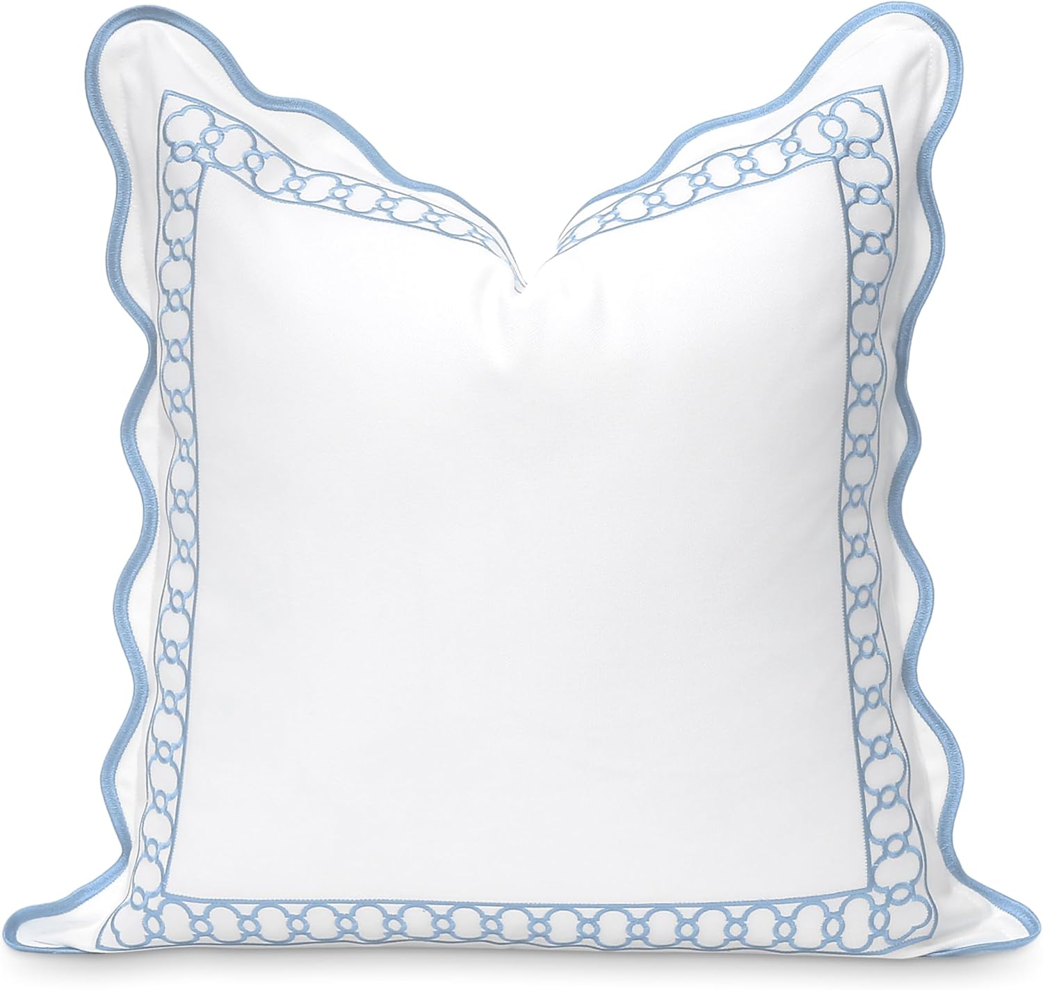 Hofdeco Premium Coastal Patio Indoor Outdoor Scalloped Throw Pillow Cover Only, 20"x20" Water Repellent for Backyard, Couch, Baby Blue Embroidered Begonia Pattern Chain Frame