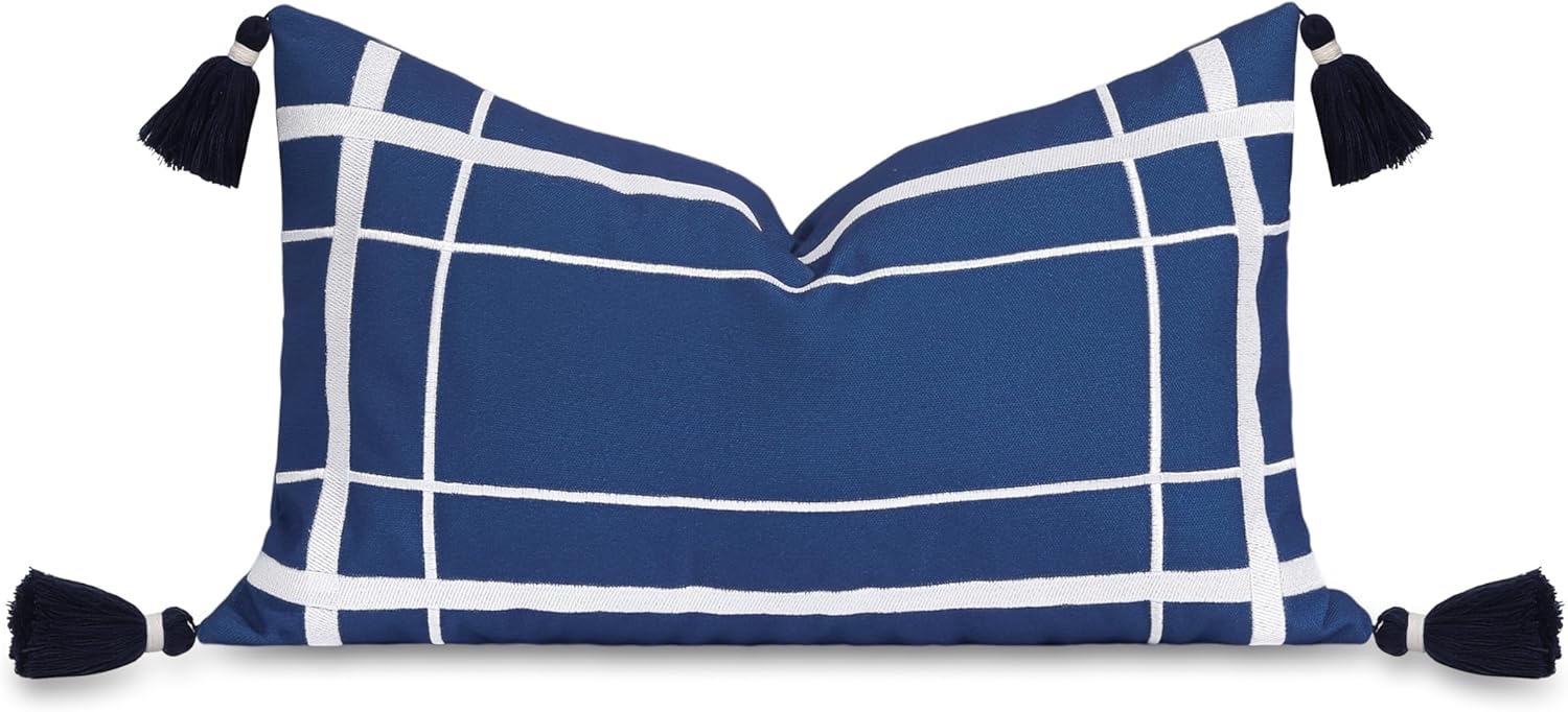 Hofdeco Premium Coastal Patio Indoor Outdoor Throw Pillow Cover Only, 20"x20" Water Repellent for Backyard, Couch, Navy Blue Embroidered Line Frame