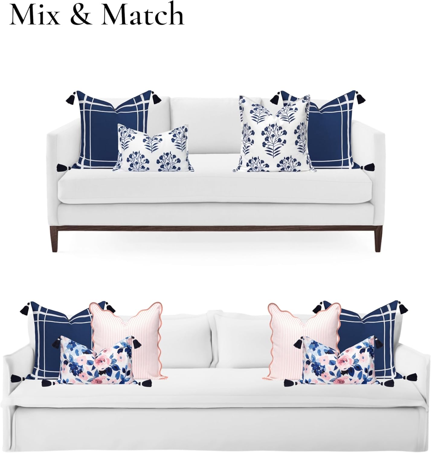 Hofdeco Premium Coastal Patio Indoor Outdoor Throw Pillow Cover Only, 20"x20" Water Repellent for Backyard, Couch, Navy Blue Embroidered Line Frame