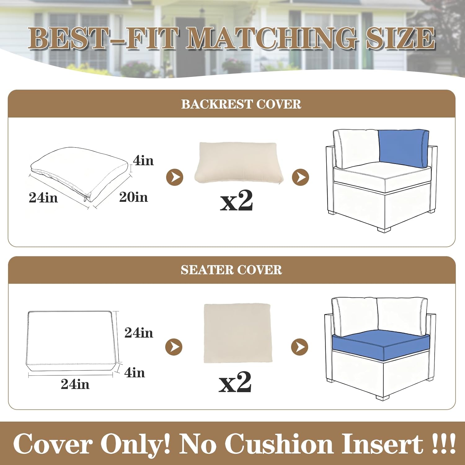 4 PCS Outdoor Cushion Covers, Patio Cushion Slipcovers Replacement Waterproof with Zipper for Outdoor Patio Furniture Cushion Covers, Washable Reusable Furniture Protector (Beige, 24*24*4 in)