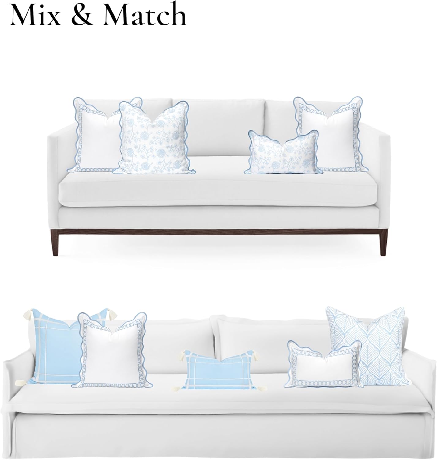 Hofdeco Premium Coastal Patio Indoor Outdoor Scalloped Throw Pillow Cover Only, 20"x20" Water Repellent for Backyard, Couch, Baby Blue Embroidered Begonia Pattern Chain Frame