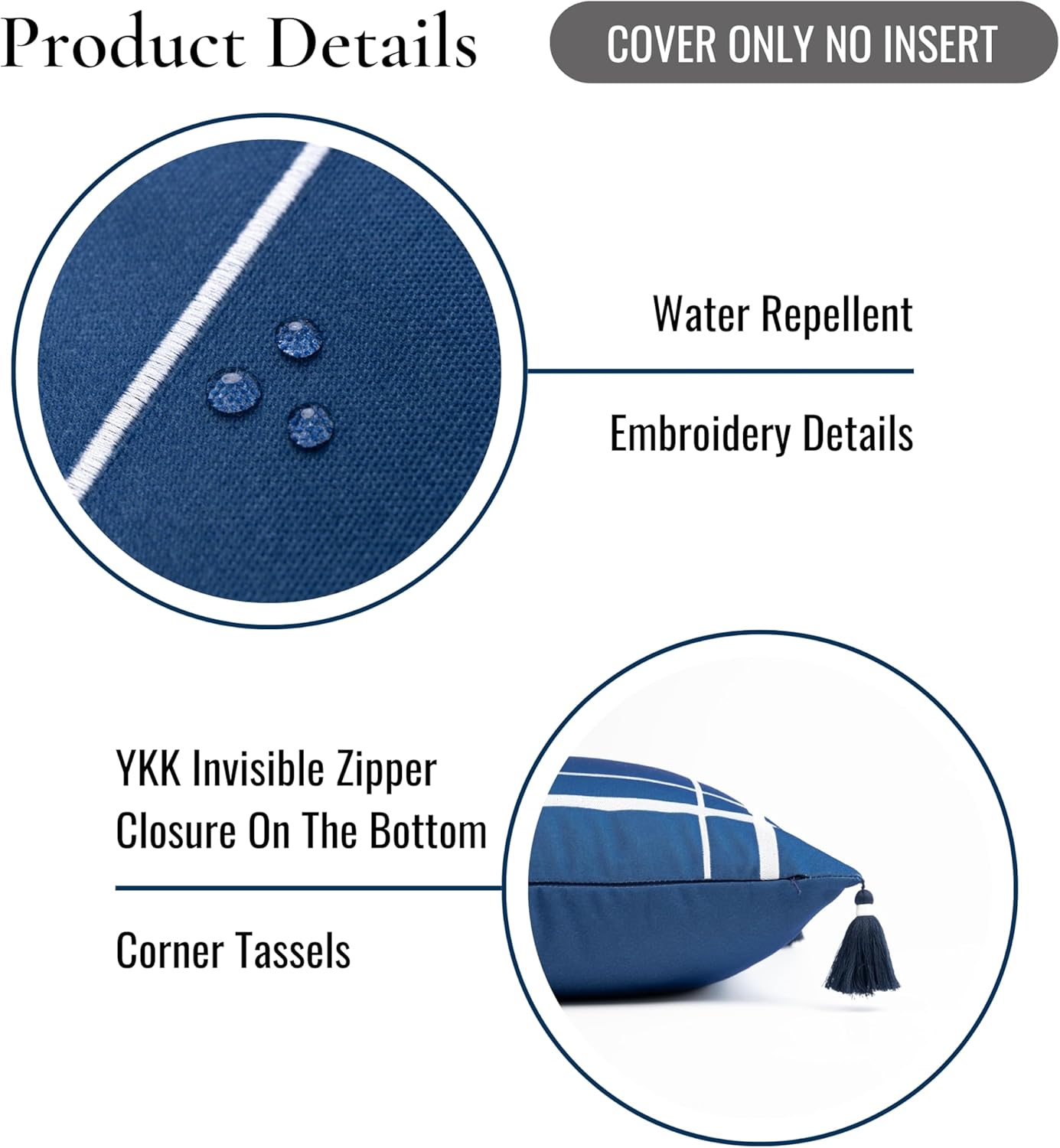 Hofdeco Premium Coastal Patio Indoor Outdoor Throw Pillow Cover Only, 20"x20" Water Repellent for Backyard, Couch, Navy Blue Embroidered Line Frame