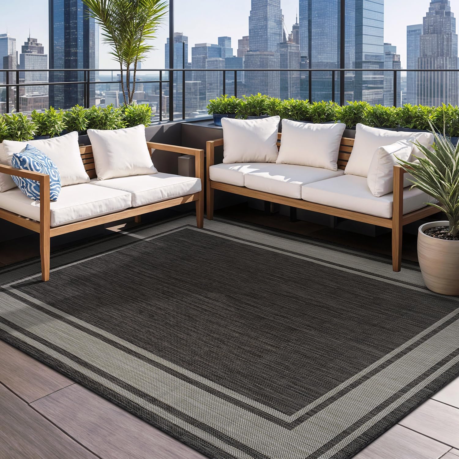Beverly Rug Outdoor Rug 6x9 Modern Bordered Area Rugs for Indoor and Outdoor Patio Deck Porch Garden Waterproof Weather Sun Resistant Washable Outside Carpet (6 x 9 Navy)