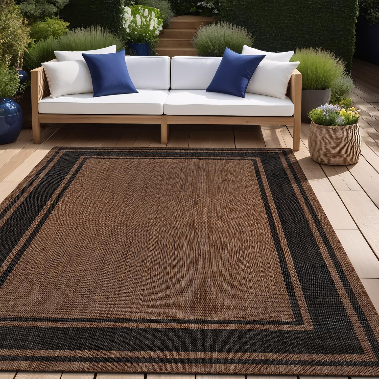 Beverly Rug Outdoor Rug 6x9 Modern Bordered Area Rugs for Indoor and Outdoor Patio Deck Porch Garden Waterproof Weather Sun Resistant Washable Outside Carpet (6 x 9 Navy)