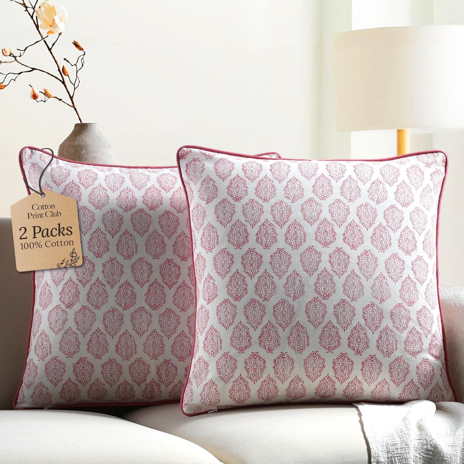 CPC 100% Cotton Throw Pillow Covers 20x20 Inch, Set of 2 Green Block Print Pattern Couch Pillow, Cute Boho Decorative Pillows for Living Room, Bedroom with Hidden Zipper- Agate Green