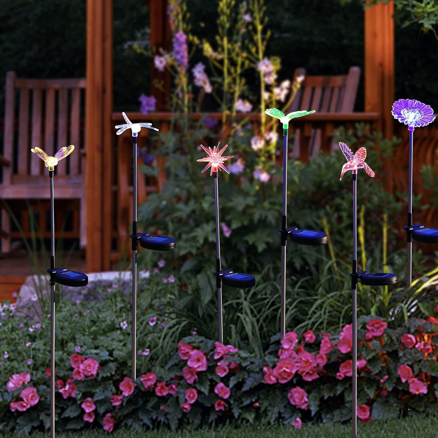 Glintoper 6 Pack Solar Garden Stake Lights Outdoor, Solar Butterfly Figurine Lights, Multi-Color Changing LED Landscape Lighting, Sparkling Star Flower Hummingbird Dragonfly Bee for Patio Yard Pathway