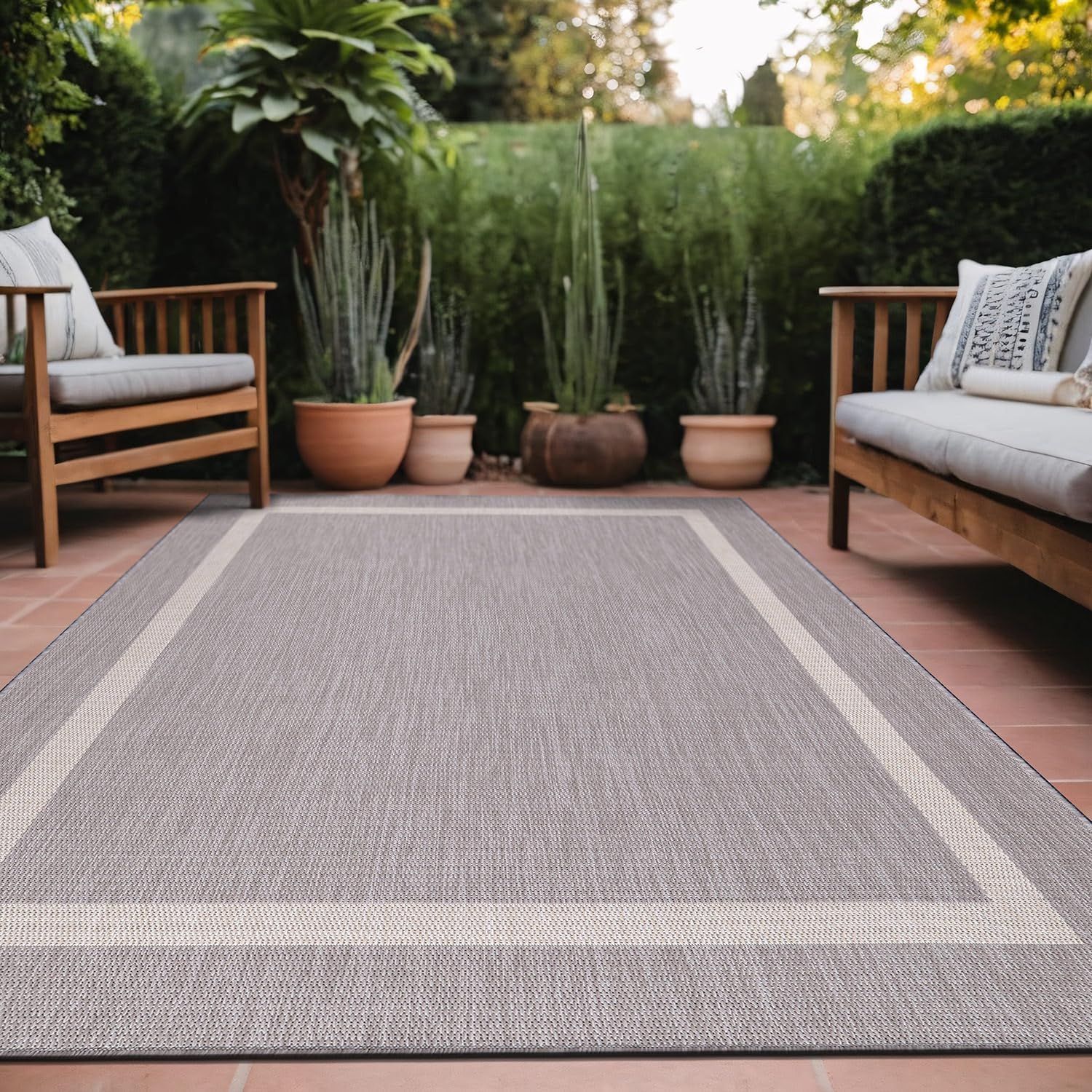 Bordered Outdoor Rug 6x9 Washable Outside Carpet for Indoor Patio Porch Waterproof Easy Cleaning Non Shedding Area Rugs Nut Brown - Black 6 x 9