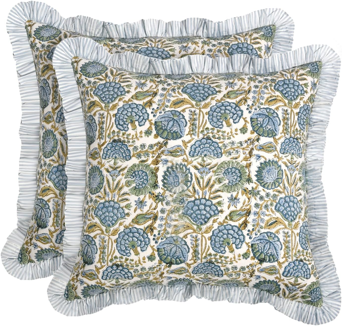 Ridhi Block Print Basil Green Throw Pillow Cover 18" x 18" (Pack of 2) Decorative Cushion Covers with Ruffle for Couch, Sofa, Bed, Living Room, Home Decor Gift for Spring, Easter, Valentine