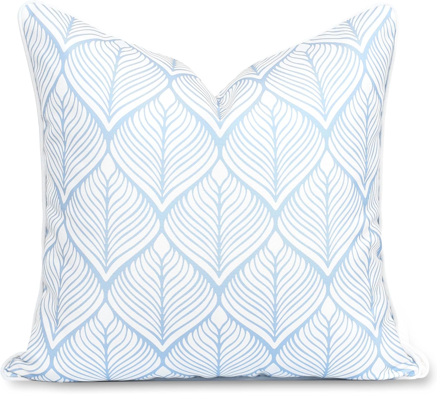 Hofdeco Premium Coastal Patio Indoor Outdoor Scalloped Throw Pillow Cover Only, 20"x20" Water Repellent for Backyard, Couch, Baby Blue Embroidered Begonia Pattern Chain Frame