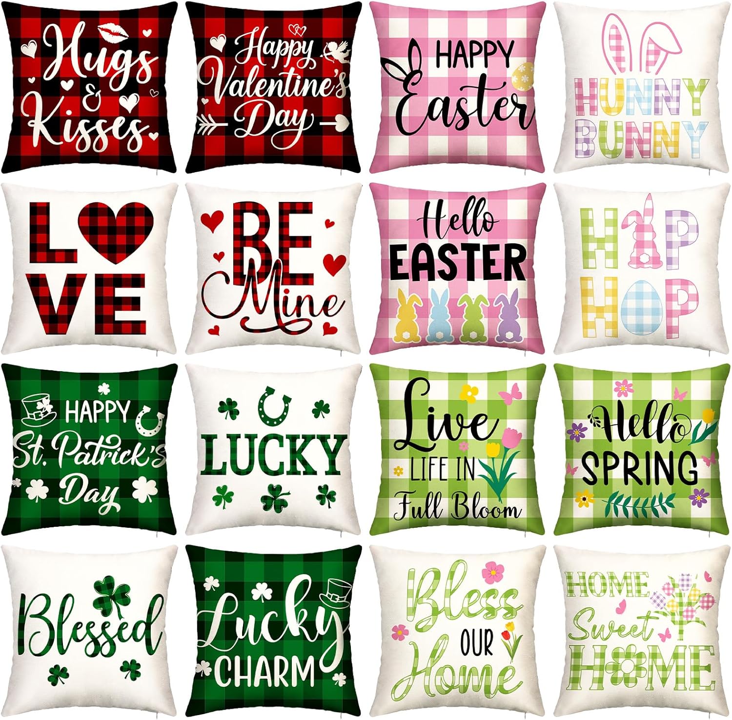 GlikCeil Set of 16 Holiday Pillow Covers 18 x 18 Inch Buffalo Plaid Throw Pillow Covers Valentine's Day St. Patrick's Day Easter Spring Pillowcases Decorative for Farmhouse Home Couch Sofa Decor