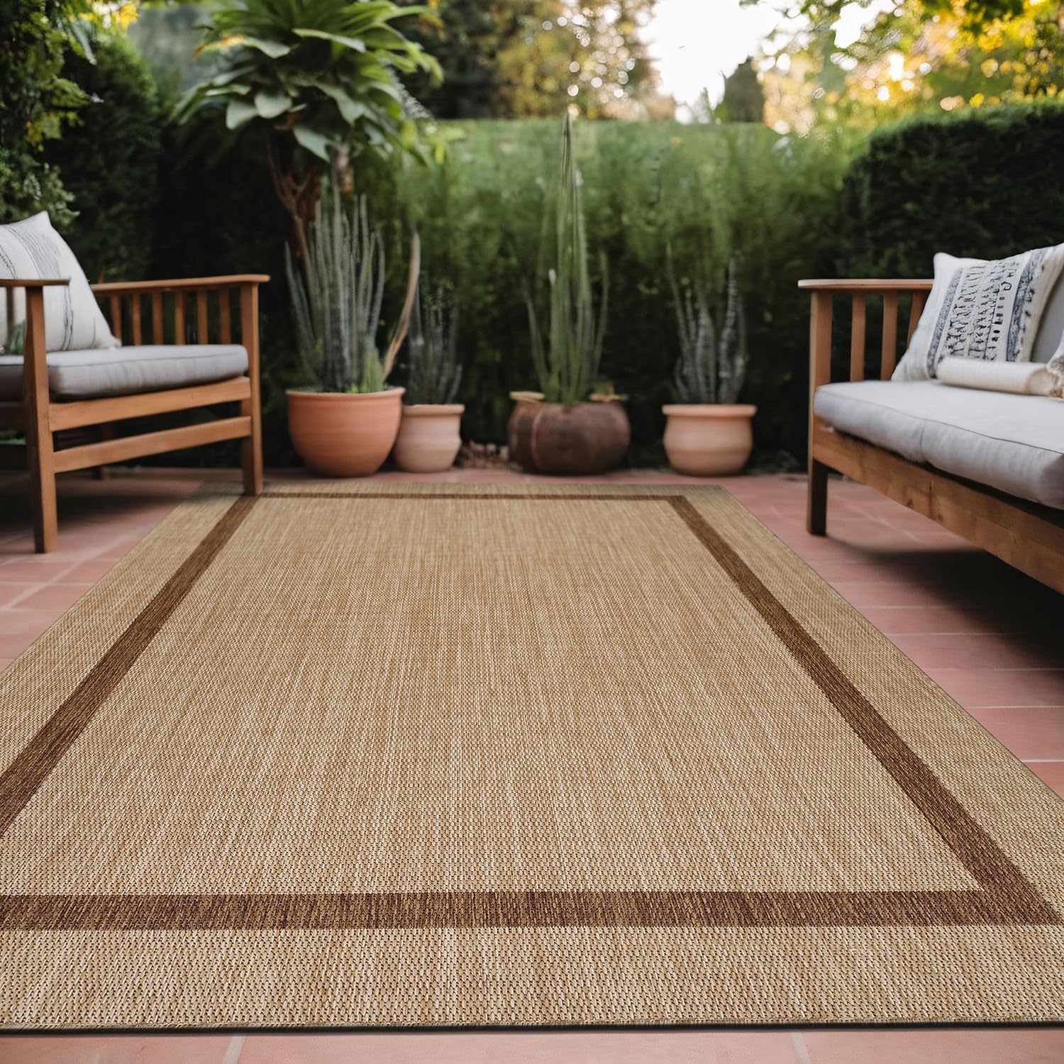 Bordered Outdoor Rug 6x9 Washable Outside Carpet for Indoor Patio Porch Waterproof Easy Cleaning Non Shedding Area Rugs Nut Brown - Black 6 x 9