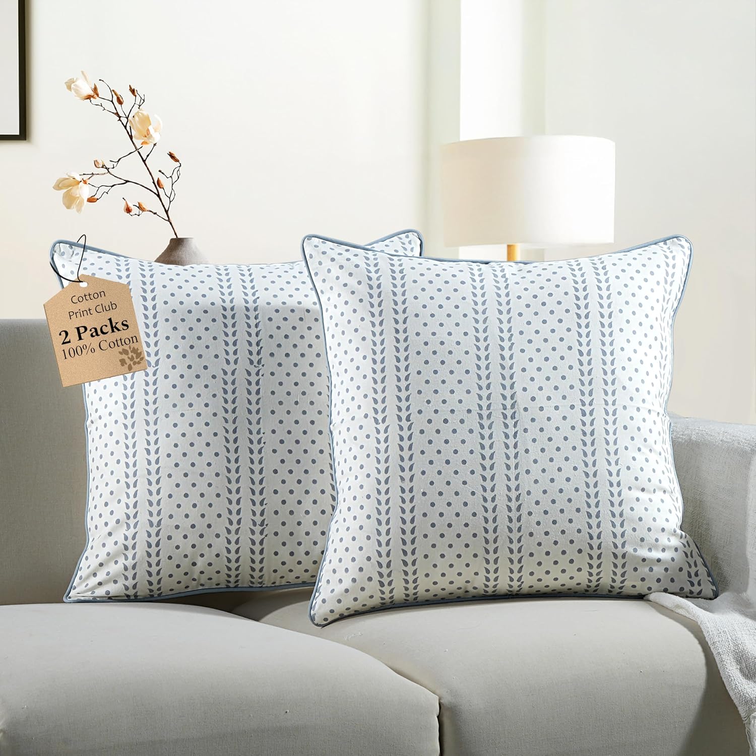 CPC 100% Cotton Throw Pillow Covers 20x20 Inch, Set of 2 Green Block Print Pattern Couch Pillow, Cute Boho Decorative Pillows for Living Room, Bedroom with Hidden Zipper- Agate Green