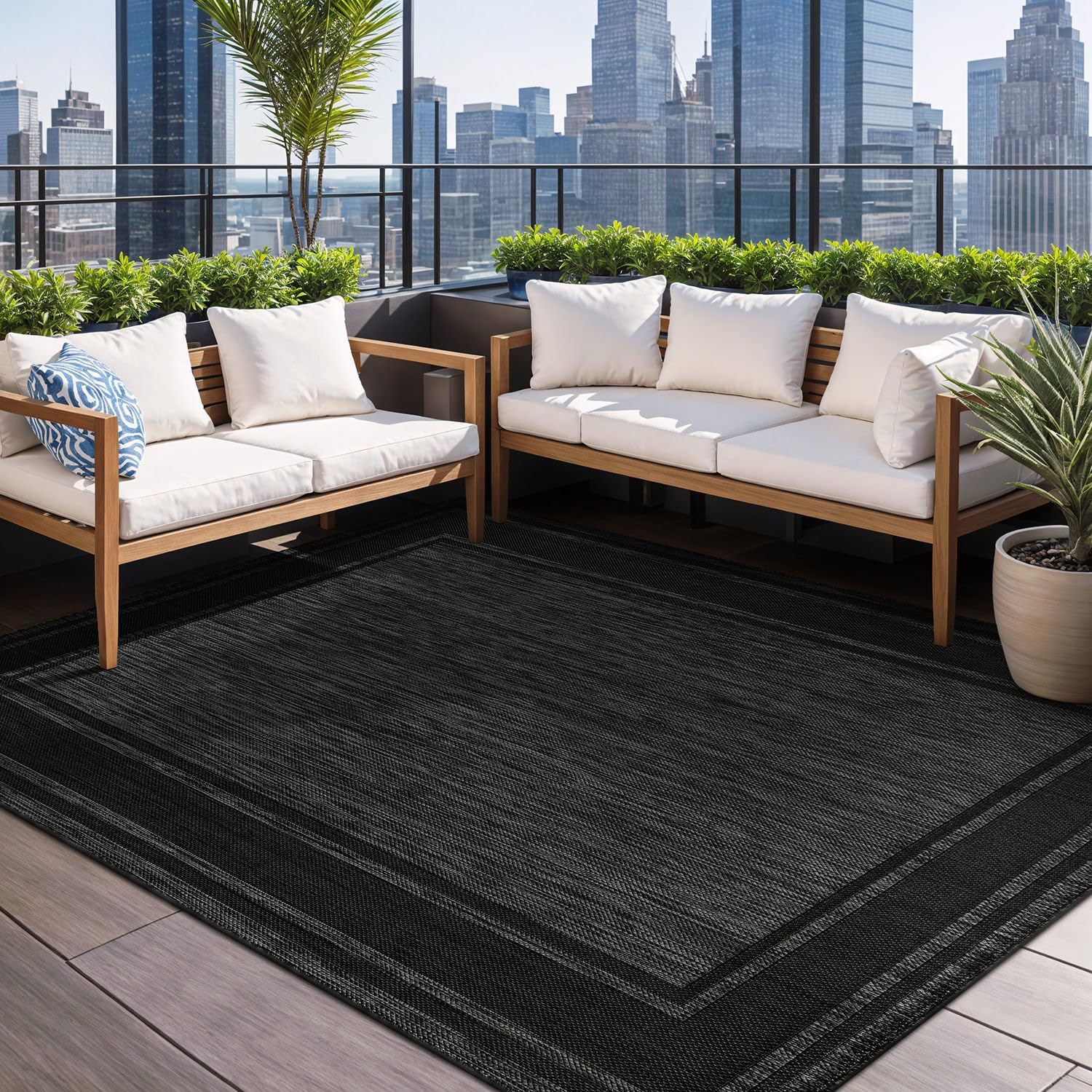 Beverly Rug Outdoor Rug 6x9 Modern Bordered Area Rugs for Indoor and Outdoor Patio Deck Porch Garden Waterproof Weather Sun Resistant Washable Outside Carpet (6 x 9 Navy)