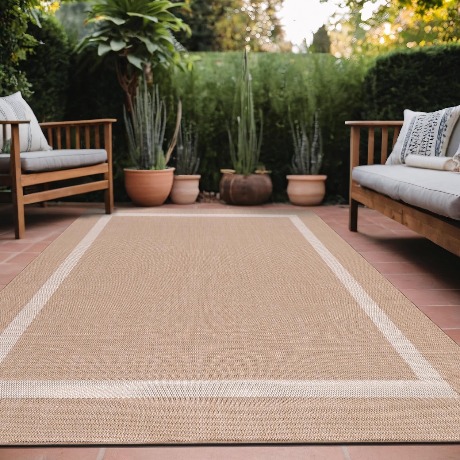 Bordered Outdoor Rug 6x9 Washable Outside Carpet for Indoor Patio Porch Waterproof Easy Cleaning Non Shedding Area Rugs Nut Brown - Black 6 x 9
