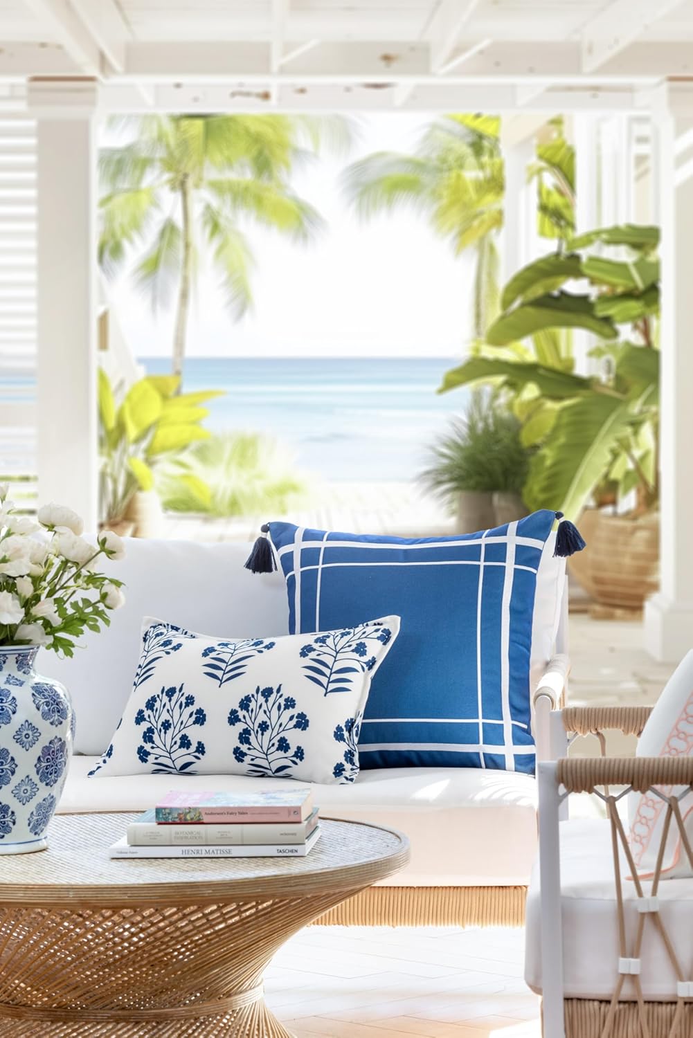 Hofdeco Premium Coastal Patio Indoor Outdoor Throw Pillow Cover Only, 20"x20" Water Repellent for Backyard, Couch, Navy Blue Embroidered Line Frame