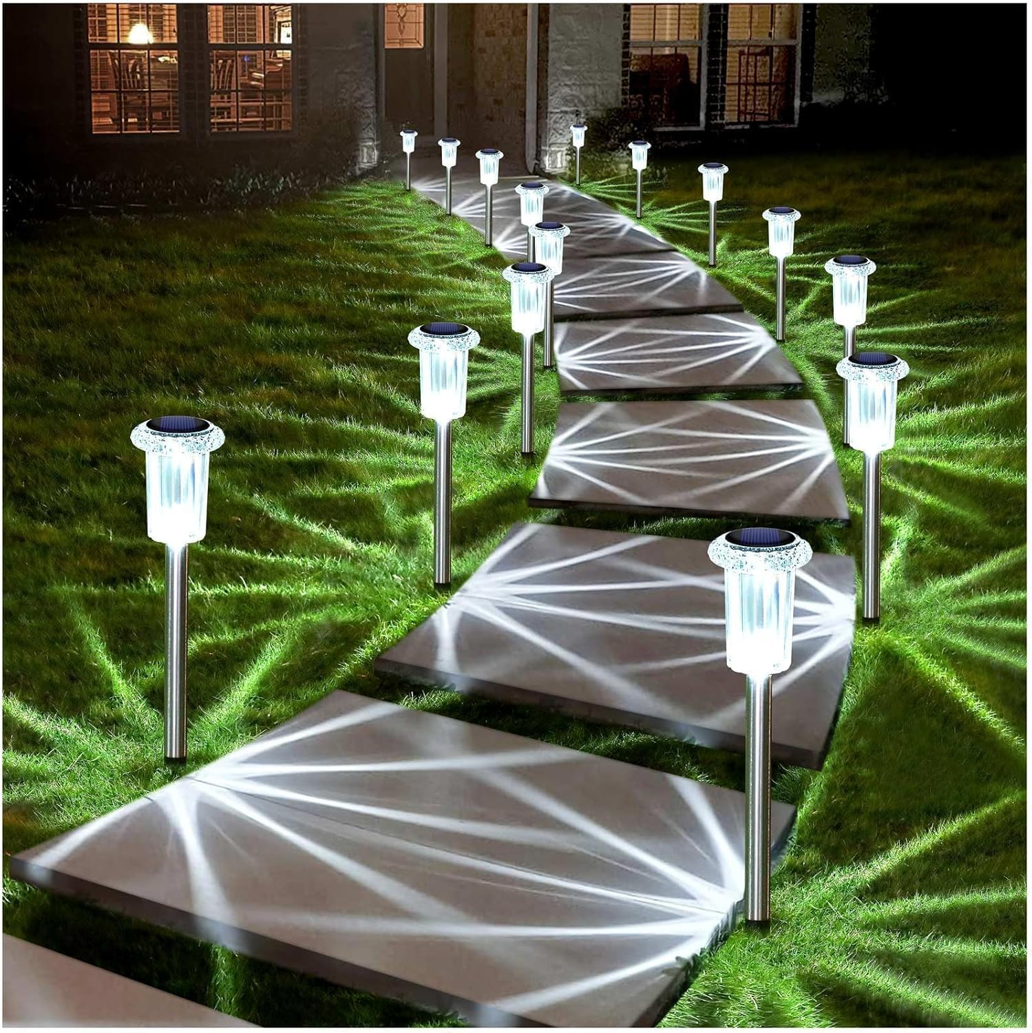 DenicMic Solar Lights Outdoor 15 Pack Waterproof 6000K Cold White LED Stainless Steel Stake Outside Lights for Yard Pathway Garden Driveway Walkway Landscape Path Lighting