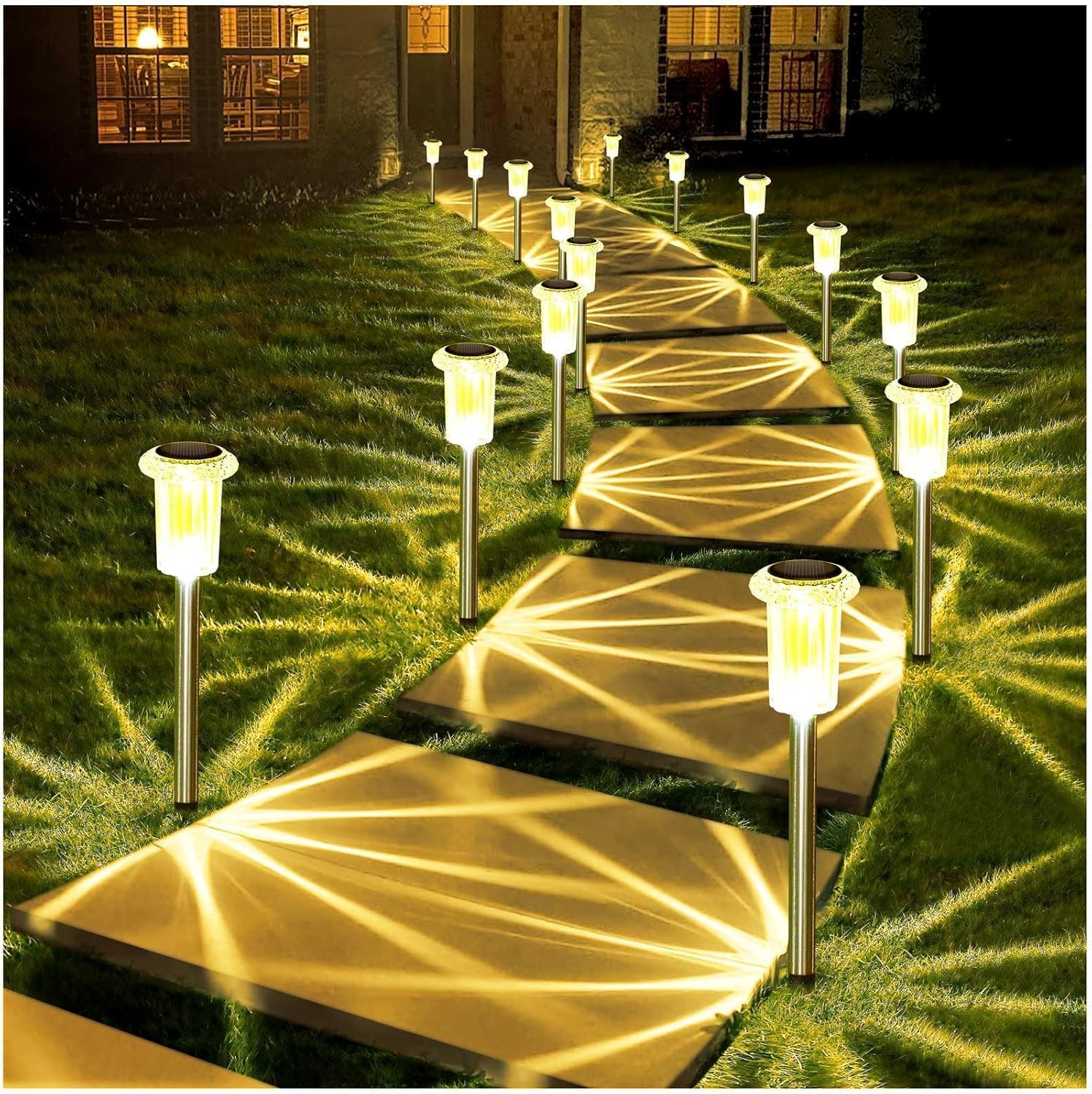 DenicMic Solar Lights Outdoor 15 Pack Waterproof 6000K Cold White LED Stainless Steel Stake Outside Lights for Yard Pathway Garden Driveway Walkway Landscape Path Lighting