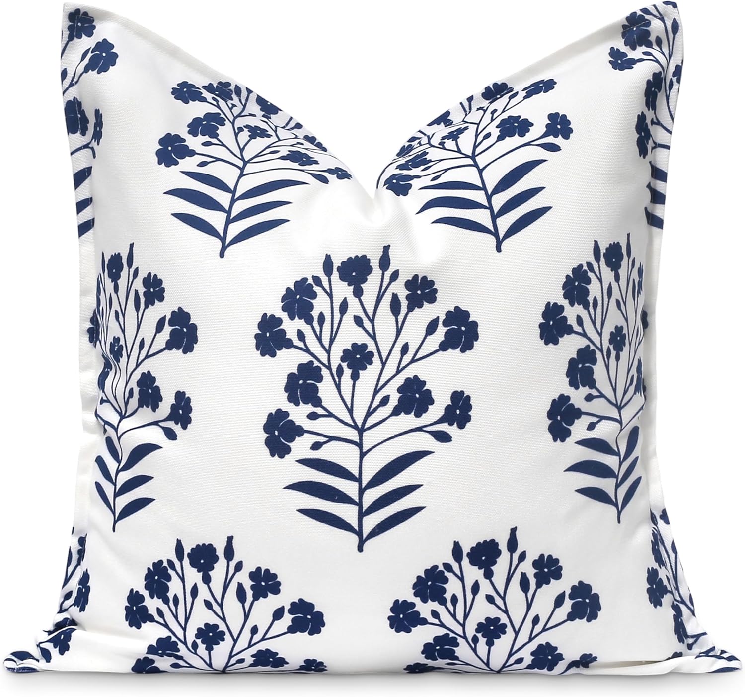 Hofdeco Premium Coastal Patio Indoor Outdoor Throw Pillow Cover Only, 20"x20" Water Repellent for Backyard, Couch, Navy Blue Embroidered Line Frame
