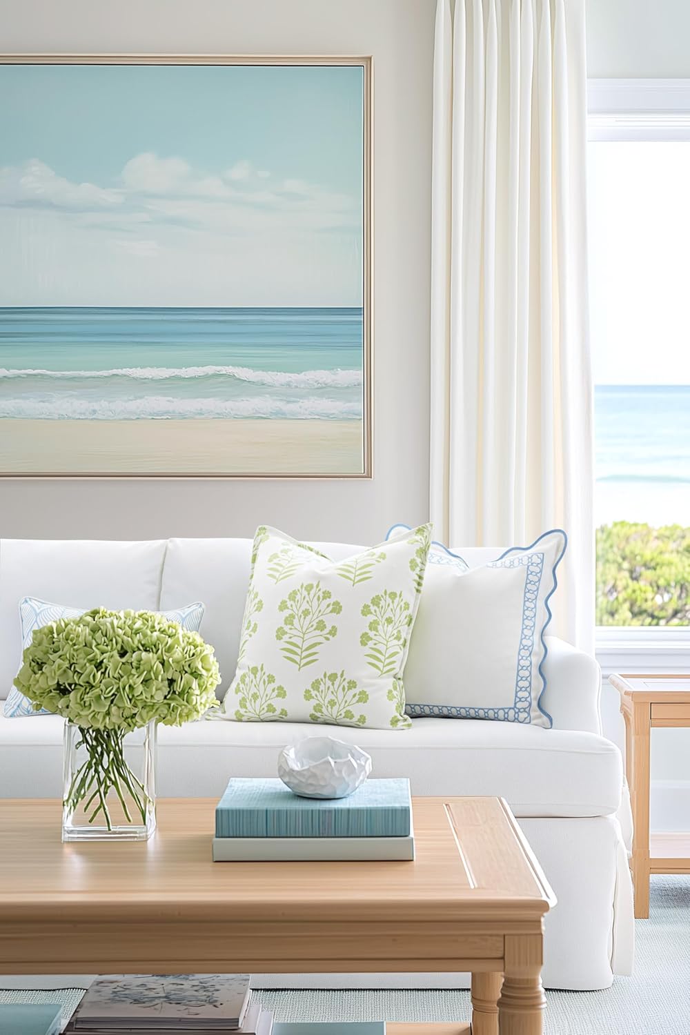 Hofdeco Premium Coastal Patio Indoor Outdoor Scalloped Throw Pillow Cover Only, 20"x20" Water Repellent for Backyard, Couch, Baby Blue Embroidered Begonia Pattern Chain Frame