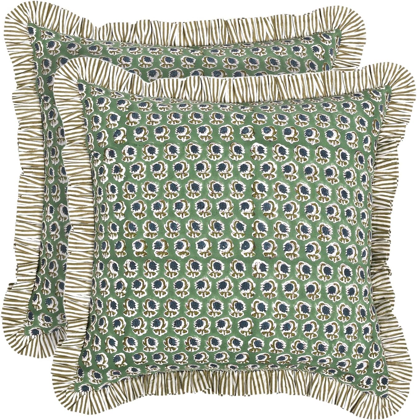 Ridhi Block Print Basil Green Throw Pillow Cover 18" x 18" (Pack of 2) Decorative Cushion Covers with Ruffle for Couch, Sofa, Bed, Living Room, Home Decor Gift for Spring, Easter, Valentine
