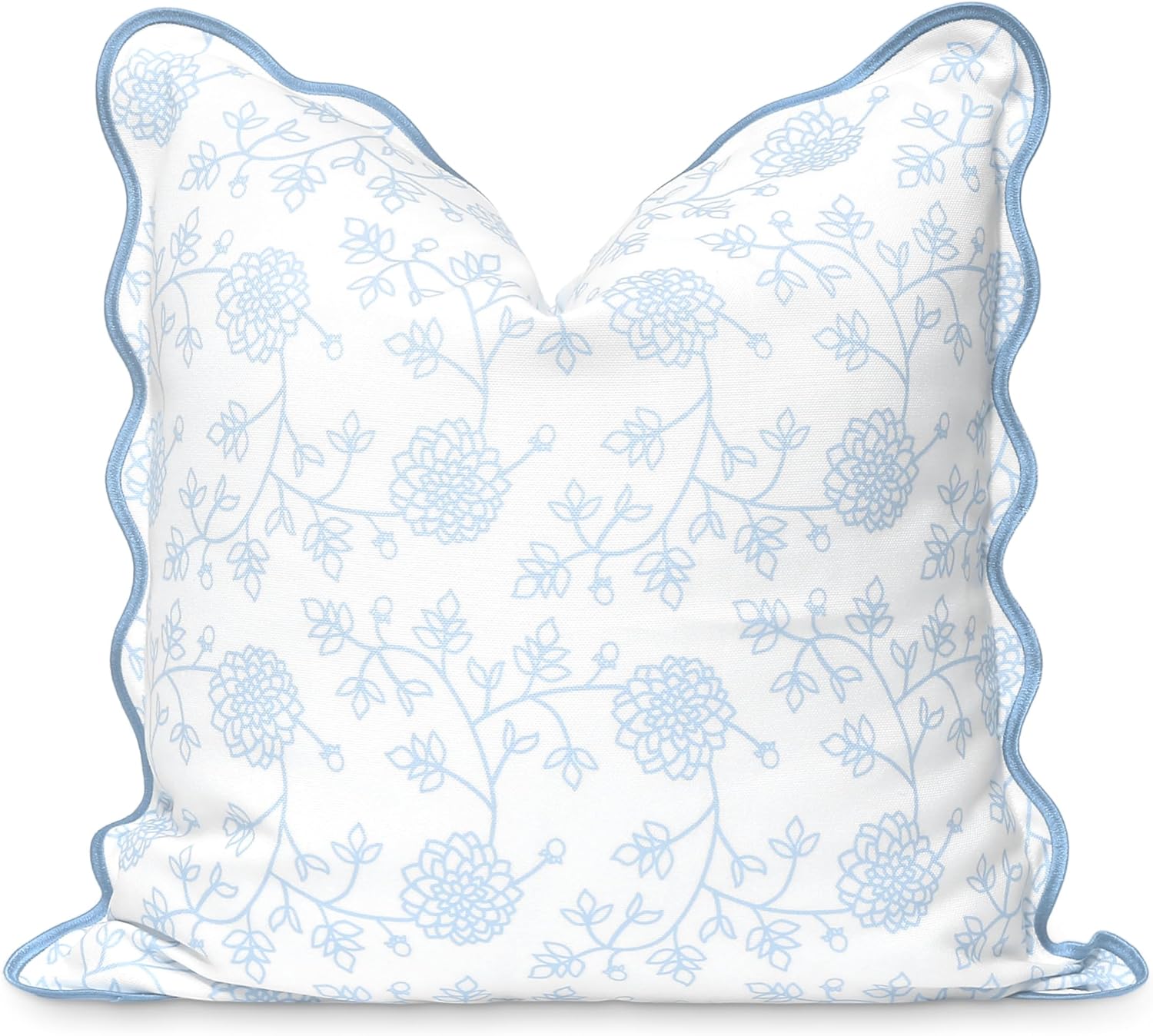 Hofdeco Premium Coastal Patio Indoor Outdoor Scalloped Throw Pillow Cover Only, 20"x20" Water Repellent for Backyard, Couch, Baby Blue Embroidered Begonia Pattern Chain Frame