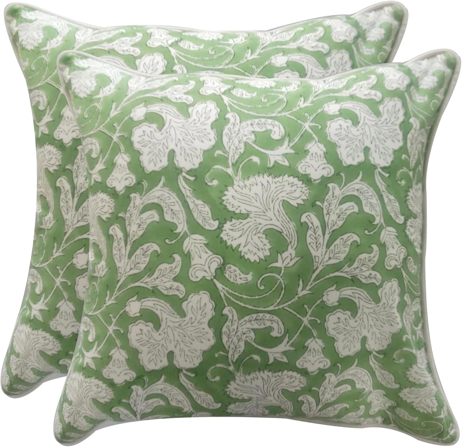 Ridhi Block Print Asparagus Green Pillow Cover 20" x 20" (Pack of 2) Decorative Couch Pillows for Living Room, Chic Boho Cute Outdoor Pillows Covers Gifts for Spring, Easter and Valentine