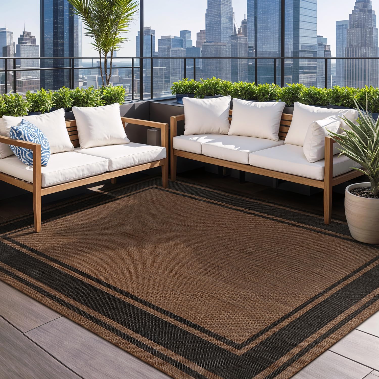 Beverly Rug Outdoor Rug 6x9 Modern Bordered Area Rugs for Indoor and Outdoor Patio Deck Porch Garden Waterproof Weather Sun Resistant Washable Outside Carpet (6 x 9 Navy)