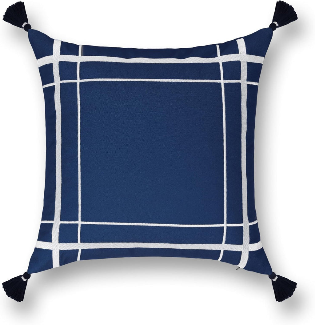 Hofdeco Premium Coastal Patio Indoor Outdoor Throw Pillow Cover Only, 20"x20" Water Repellent for Backyard, Couch, Navy Blue Embroidered Line Frame