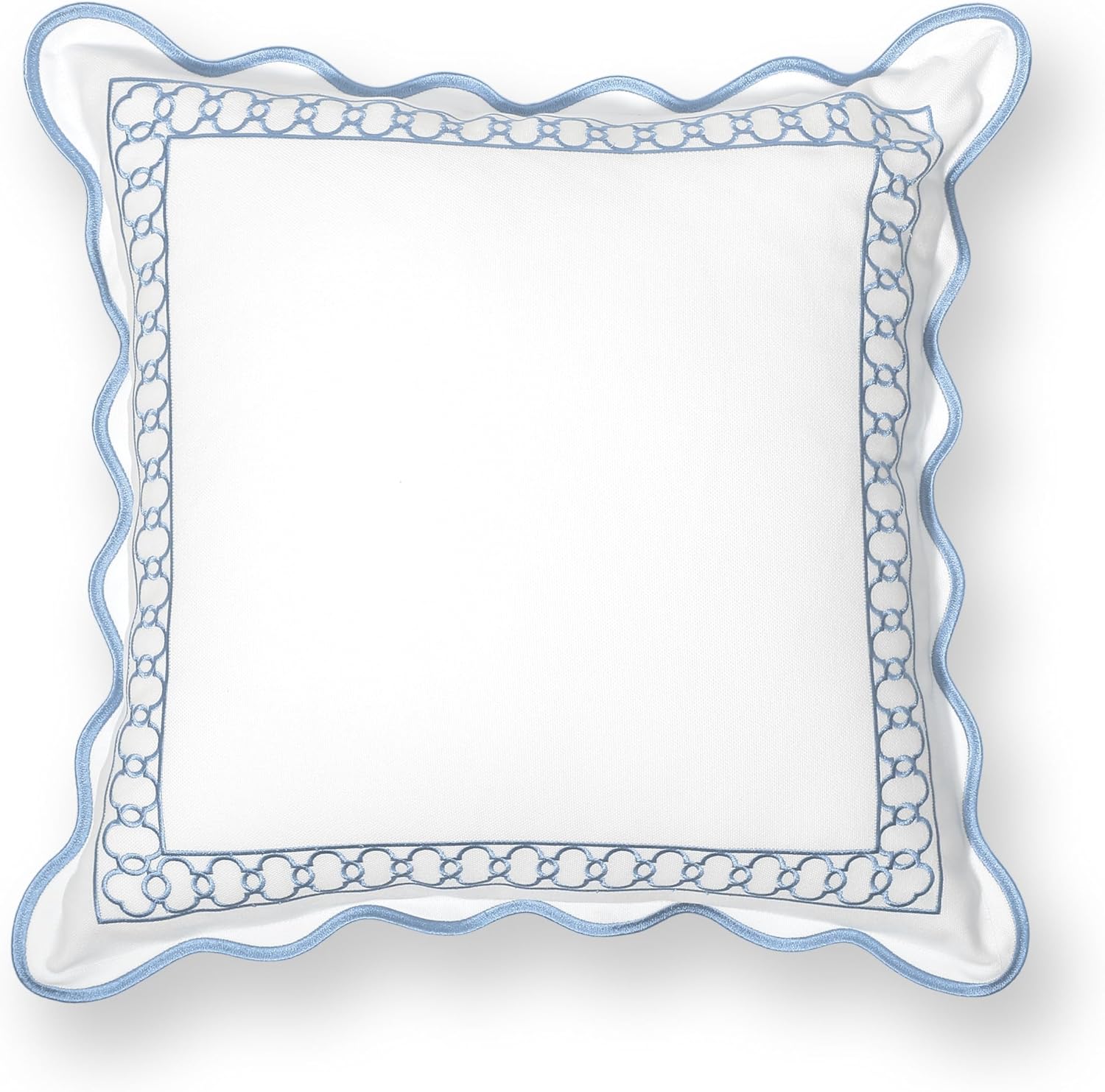 Hofdeco Premium Coastal Patio Indoor Outdoor Scalloped Throw Pillow Cover Only, 20"x20" Water Repellent for Backyard, Couch, Baby Blue Embroidered Begonia Pattern Chain Frame