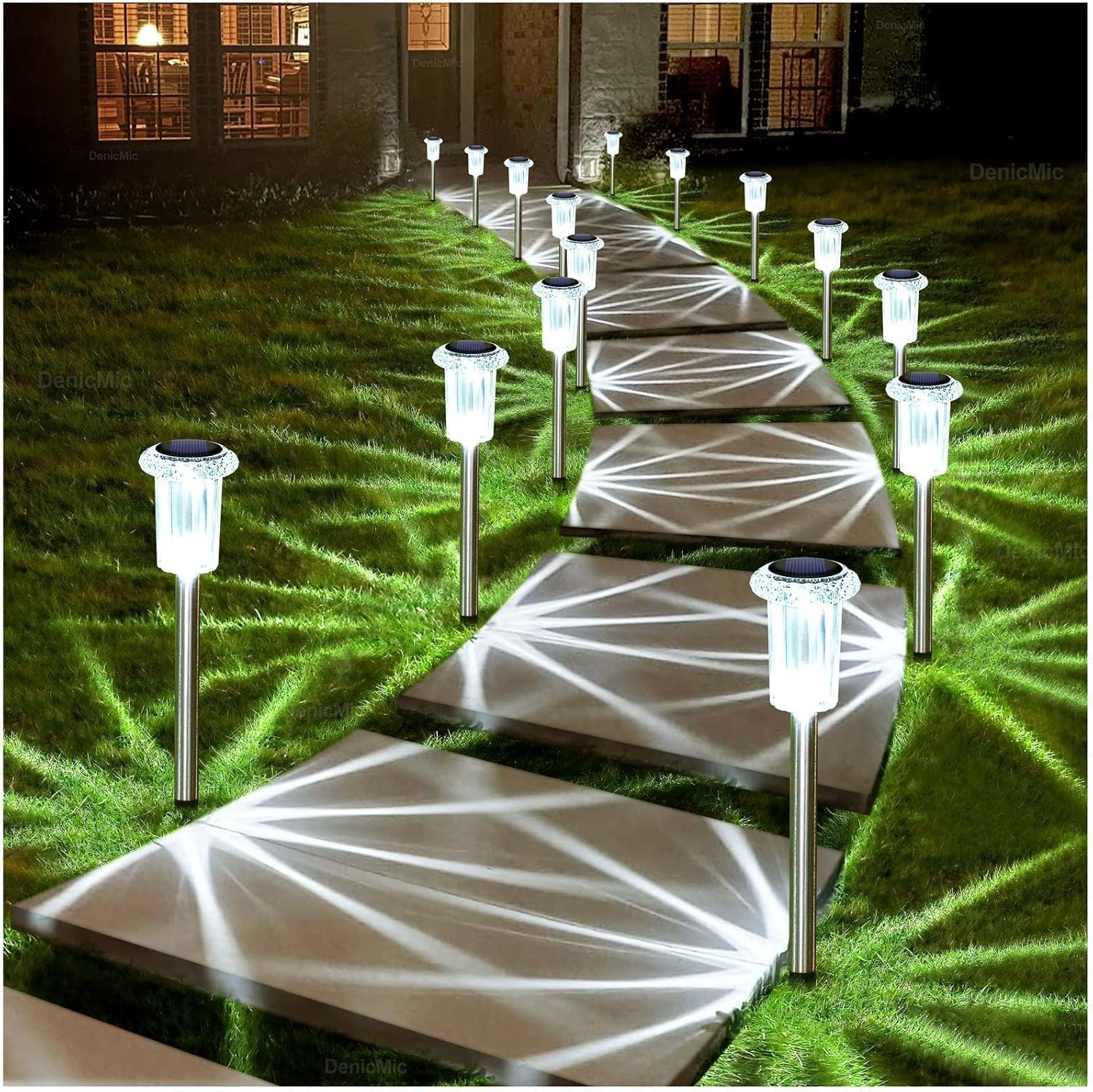 DenicMic Solar Lights Outdoor 15 Pack Waterproof 6000K Cold White LED Stainless Steel Stake Outside Lights for Yard Pathway Garden Driveway Walkway Landscape Path Lighting