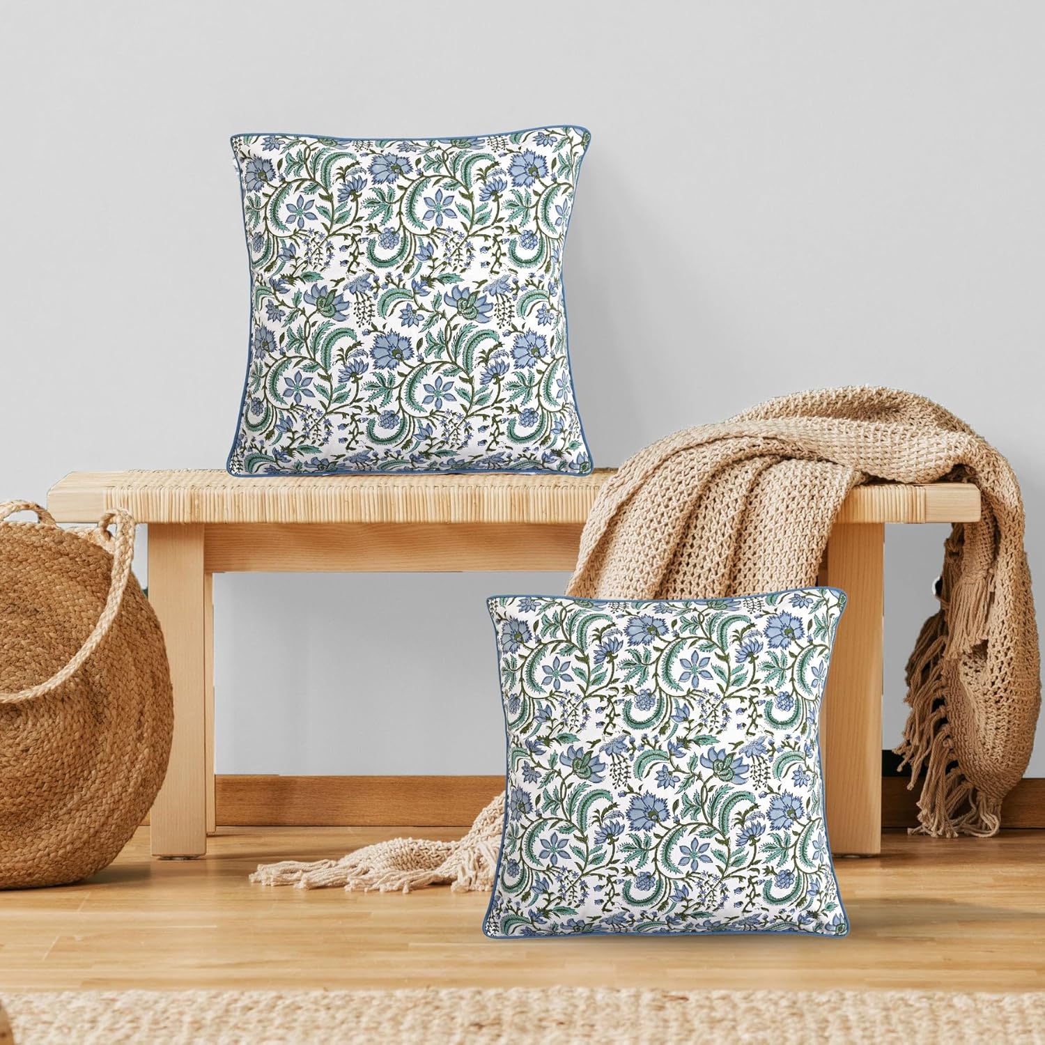 Ridhi Block Print Asparagus Green Pillow Cover 20" x 20" (Pack of 2) Decorative Couch Pillows for Living Room, Chic Boho Cute Outdoor Pillows Covers Gifts for Spring, Easter and Valentine