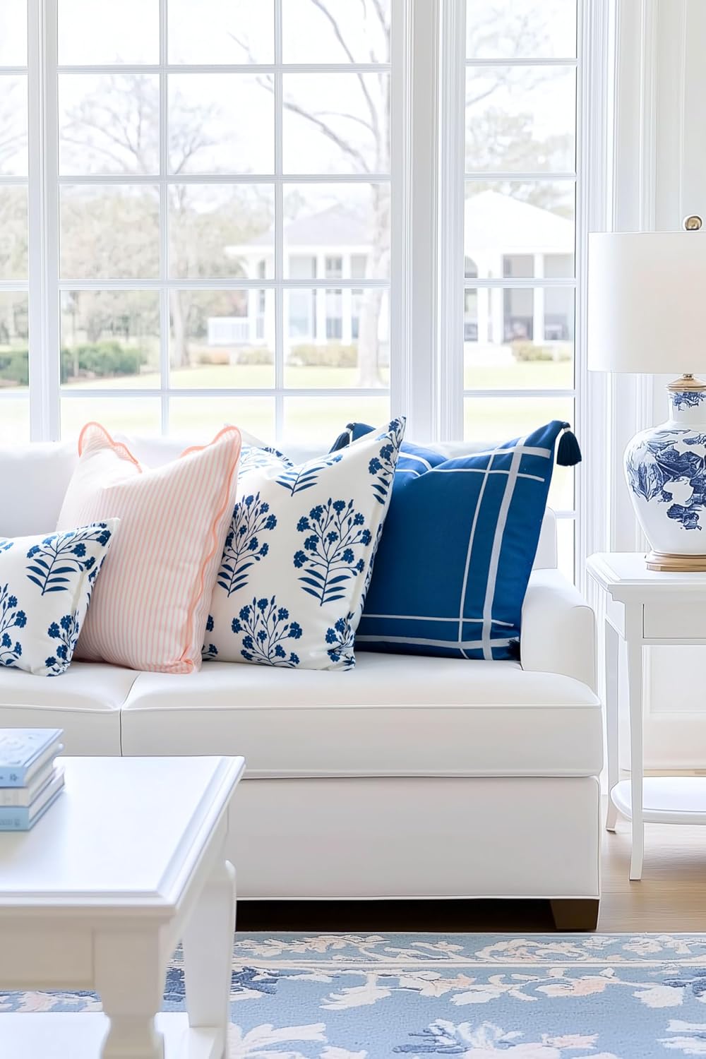 Hofdeco Premium Coastal Patio Indoor Outdoor Throw Pillow Cover Only, 20"x20" Water Repellent for Backyard, Couch, Navy Blue Embroidered Line Frame