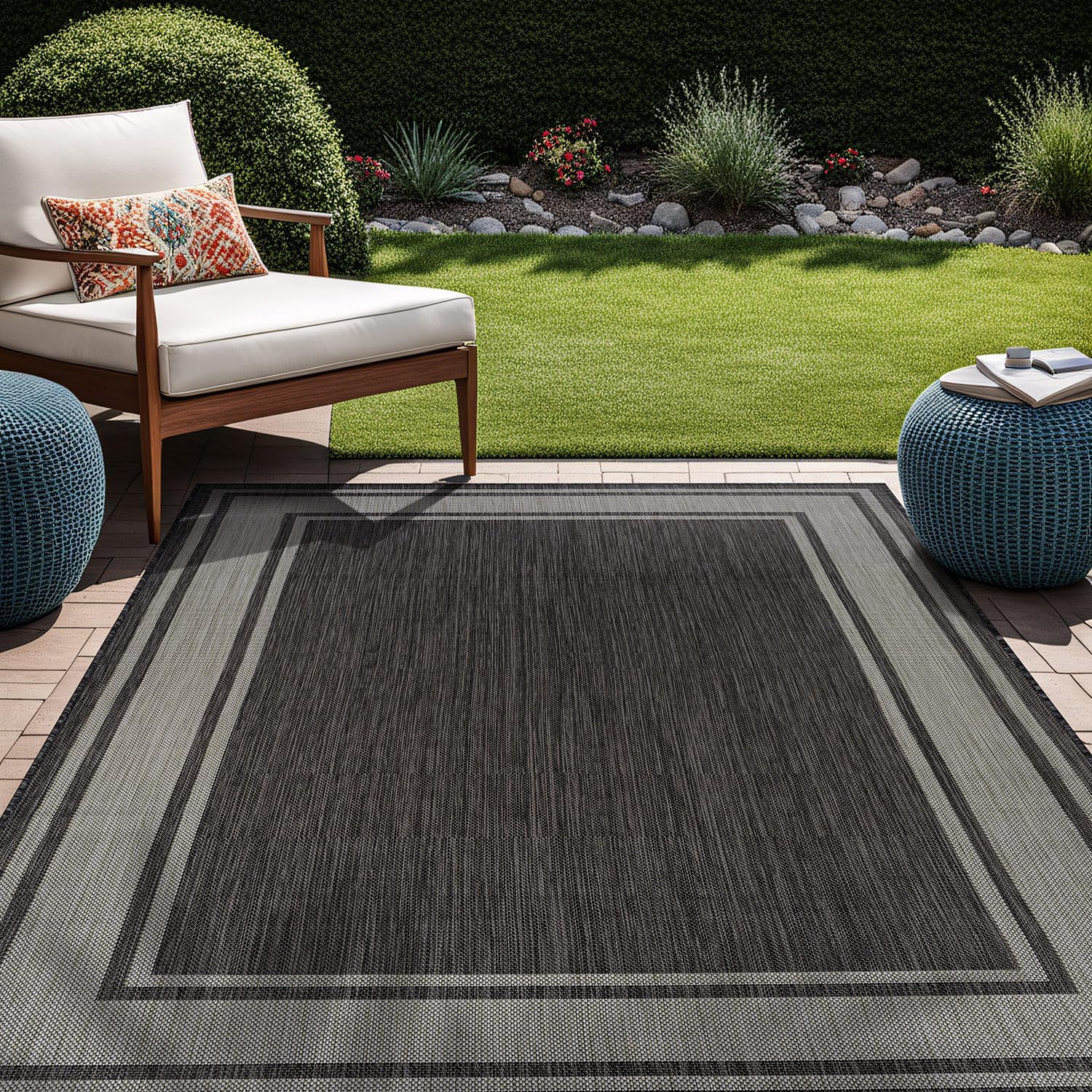Beverly Rug Outdoor Rug 6x9 Modern Bordered Area Rugs for Indoor and Outdoor Patio Deck Porch Garden Waterproof Weather Sun Resistant Washable Outside Carpet (6 x 9 Navy)