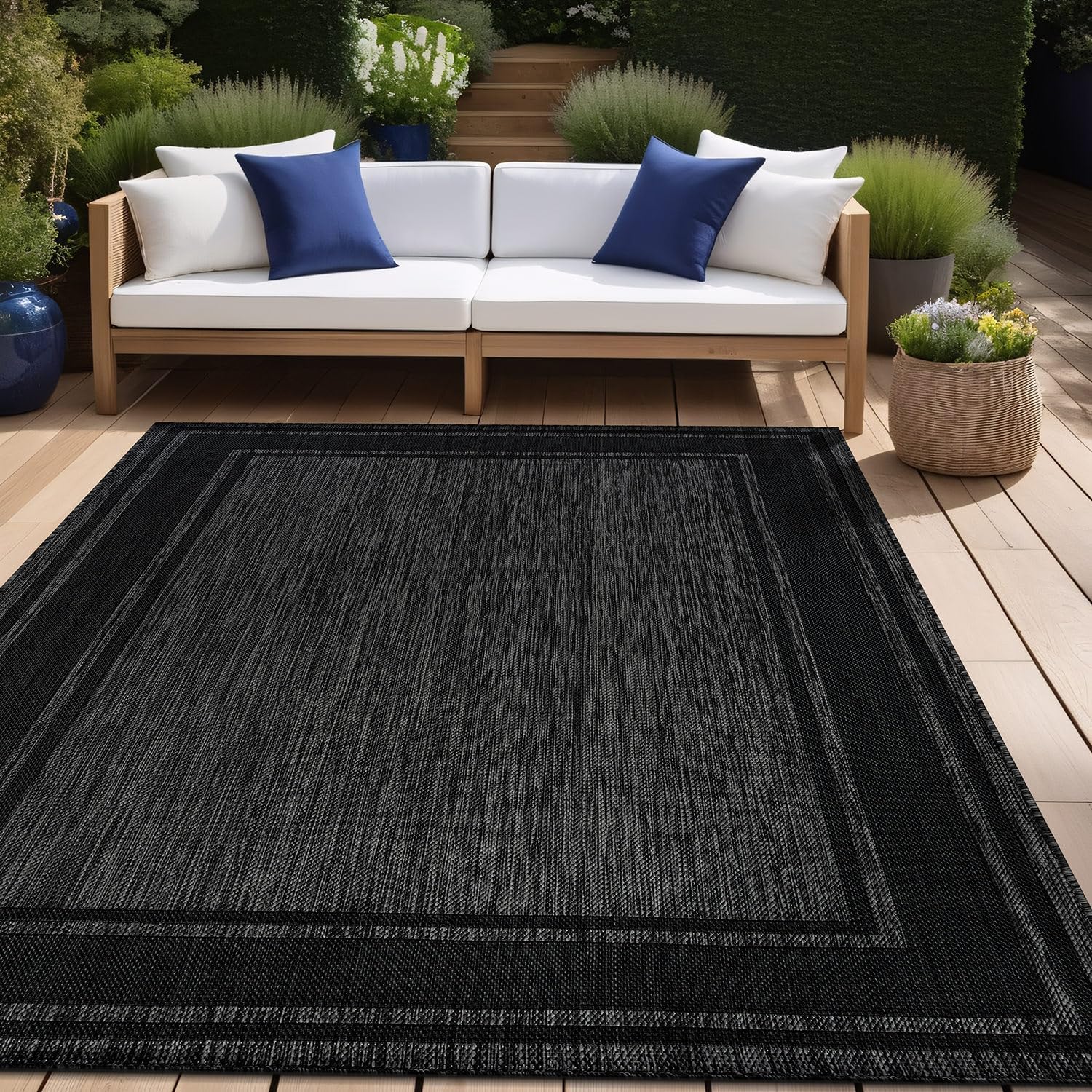 Beverly Rug Outdoor Rug 6x9 Modern Bordered Area Rugs for Indoor and Outdoor Patio Deck Porch Garden Waterproof Weather Sun Resistant Washable Outside Carpet (6 x 9 Navy)