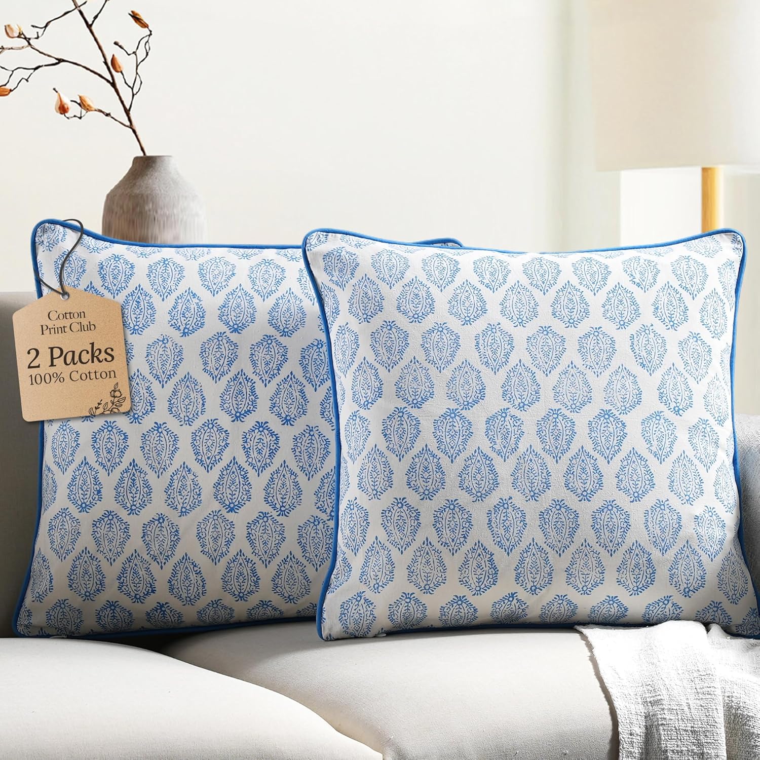 CPC 100% Cotton Throw Pillow Covers 20x20 Inch, Set of 2 Green Block Print Pattern Couch Pillow, Cute Boho Decorative Pillows for Living Room, Bedroom with Hidden Zipper- Agate Green