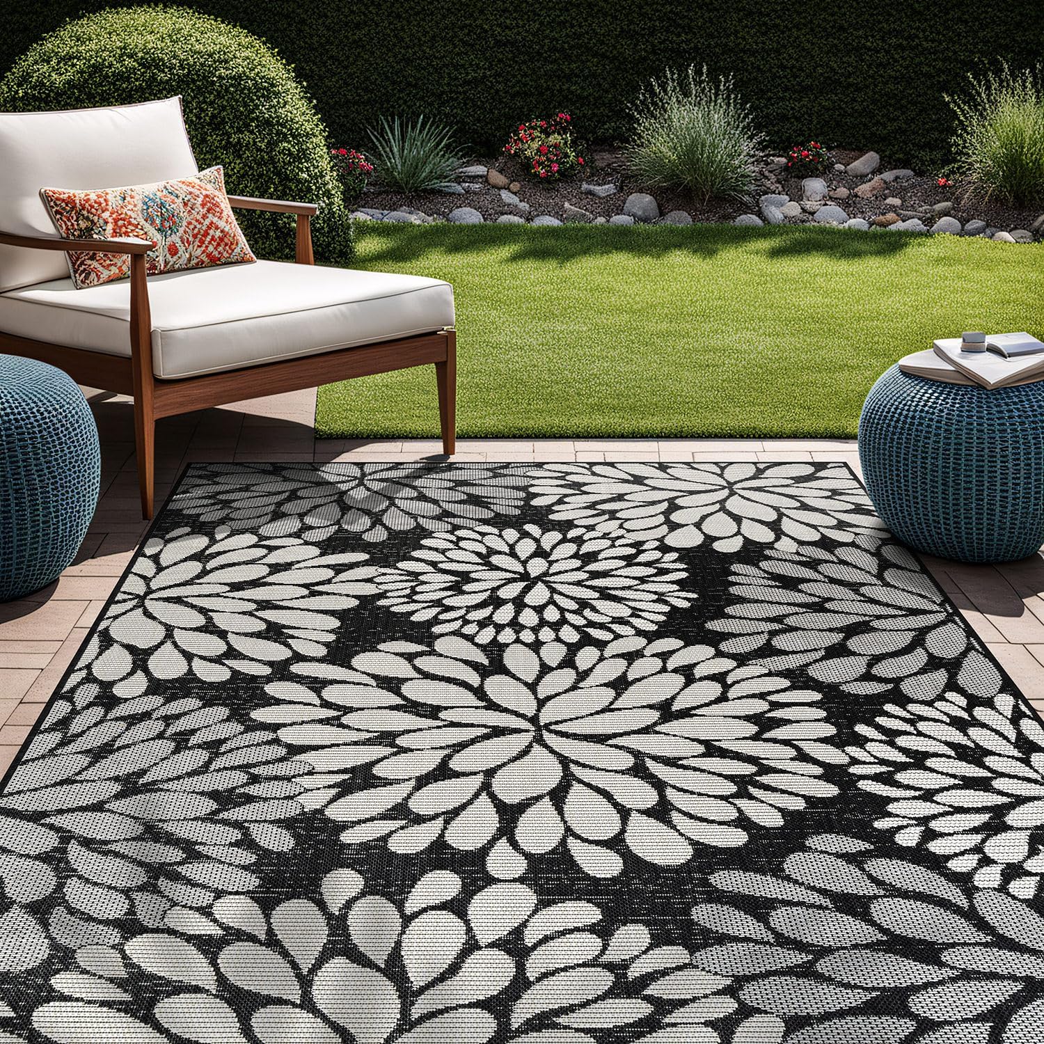 Beverly Rug Outdoor Rug 6x9 Modern Bordered Area Rugs for Indoor and Outdoor Patio Deck Porch Garden Waterproof Weather Sun Resistant Washable Outside Carpet (6 x 9 Navy)