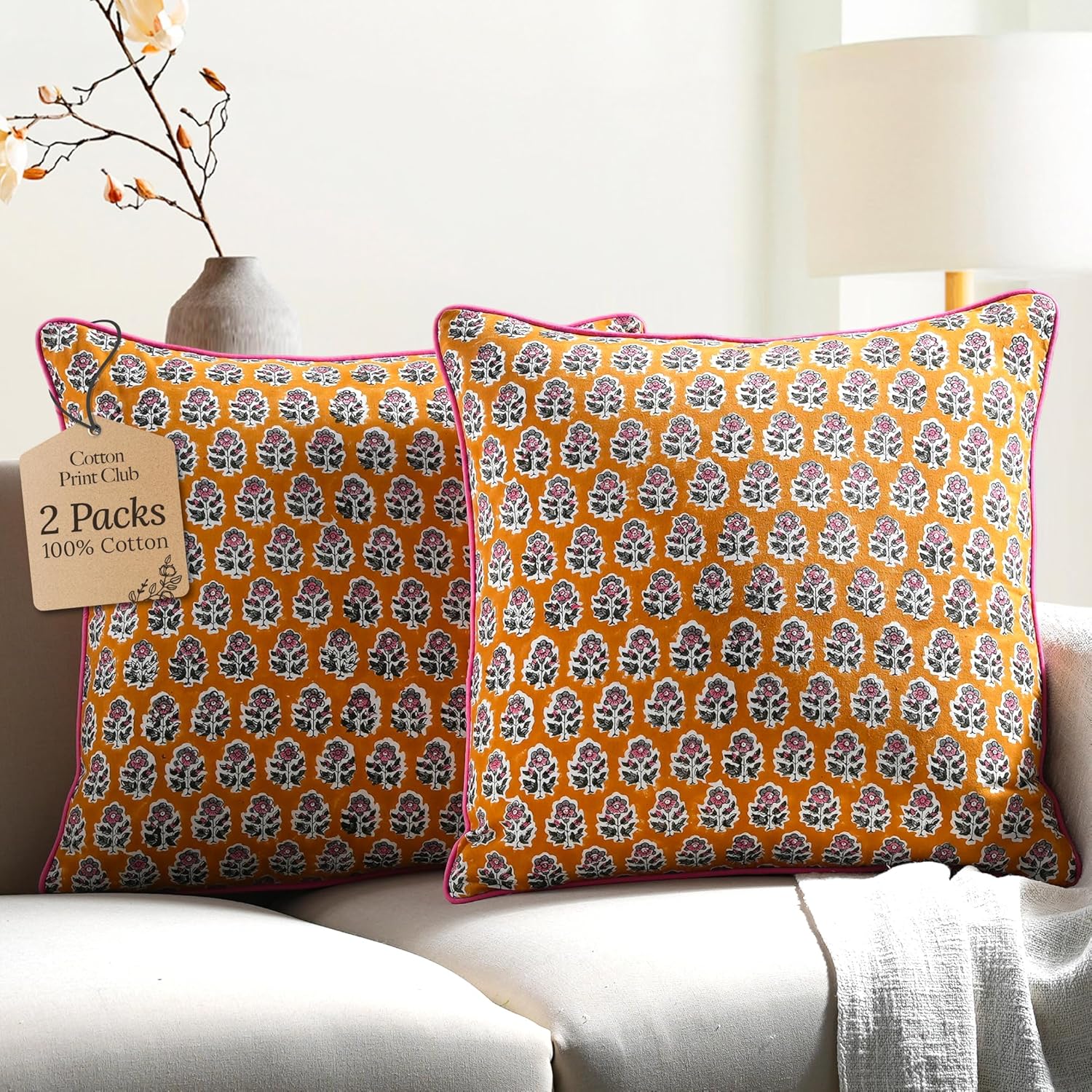 CPC 100% Cotton Throw Pillow Covers 20x20 Inch, Set of 2 Green Block Print Pattern Couch Pillow, Cute Boho Decorative Pillows for Living Room, Bedroom with Hidden Zipper- Agate Green