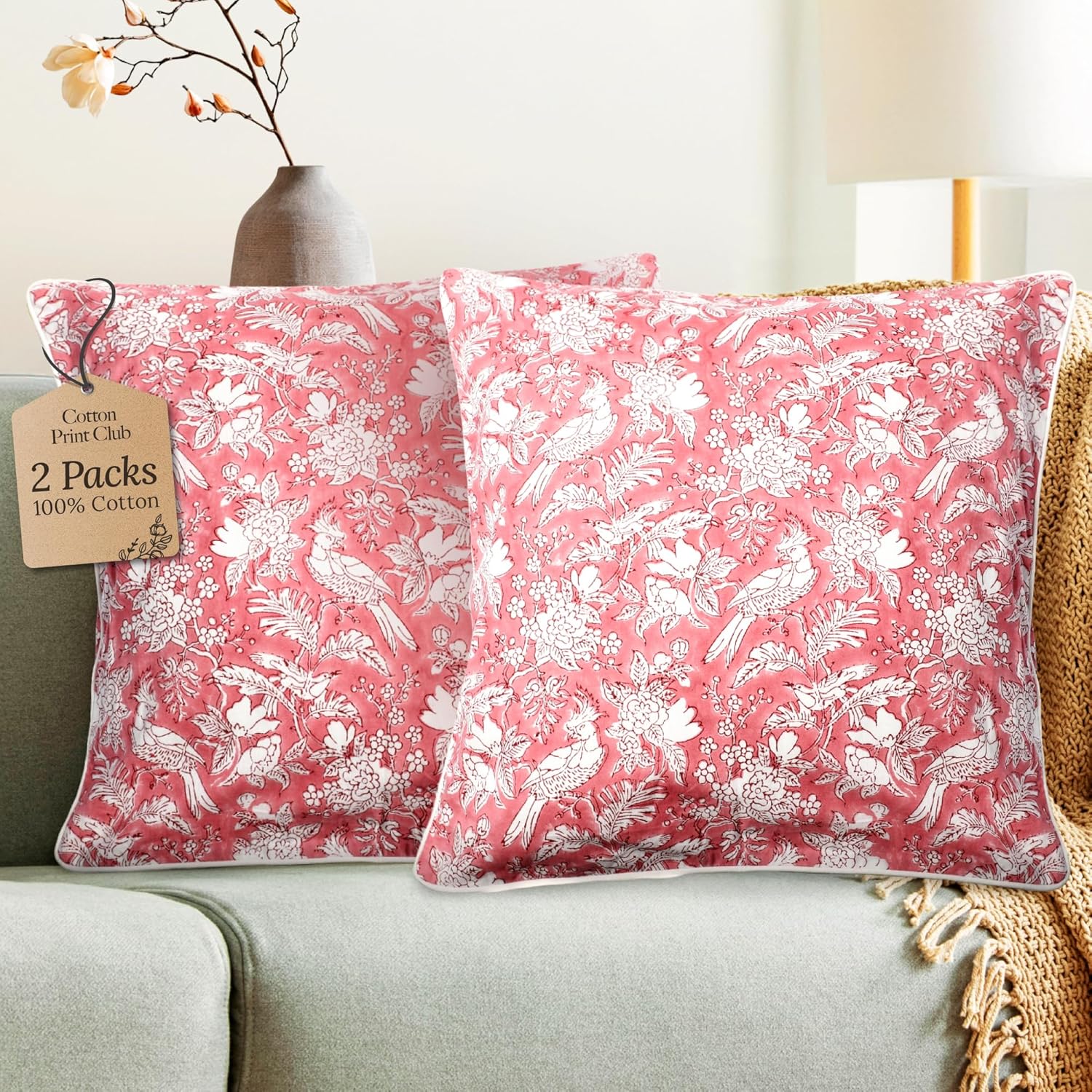 CPC 100% Cotton Throw Pillow Covers 20x20 Inch, Set of 2 Green Block Print Pattern Couch Pillow, Cute Boho Decorative Pillows for Living Room, Bedroom with Hidden Zipper- Agate Green